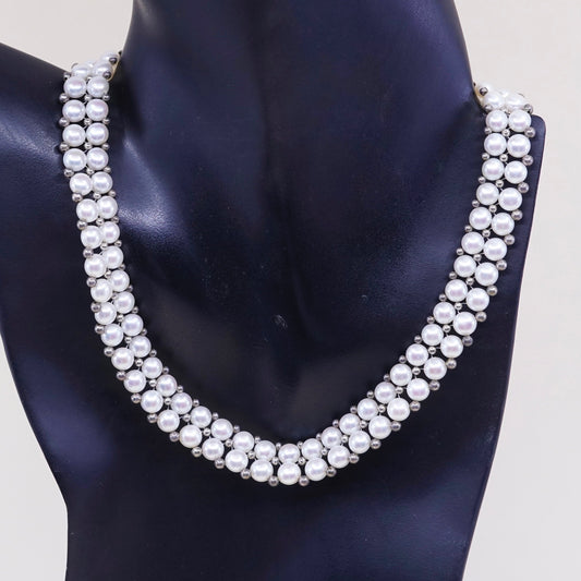 14+4” Vintage sterling 925 silver white freshwater pearl beads necklace chain