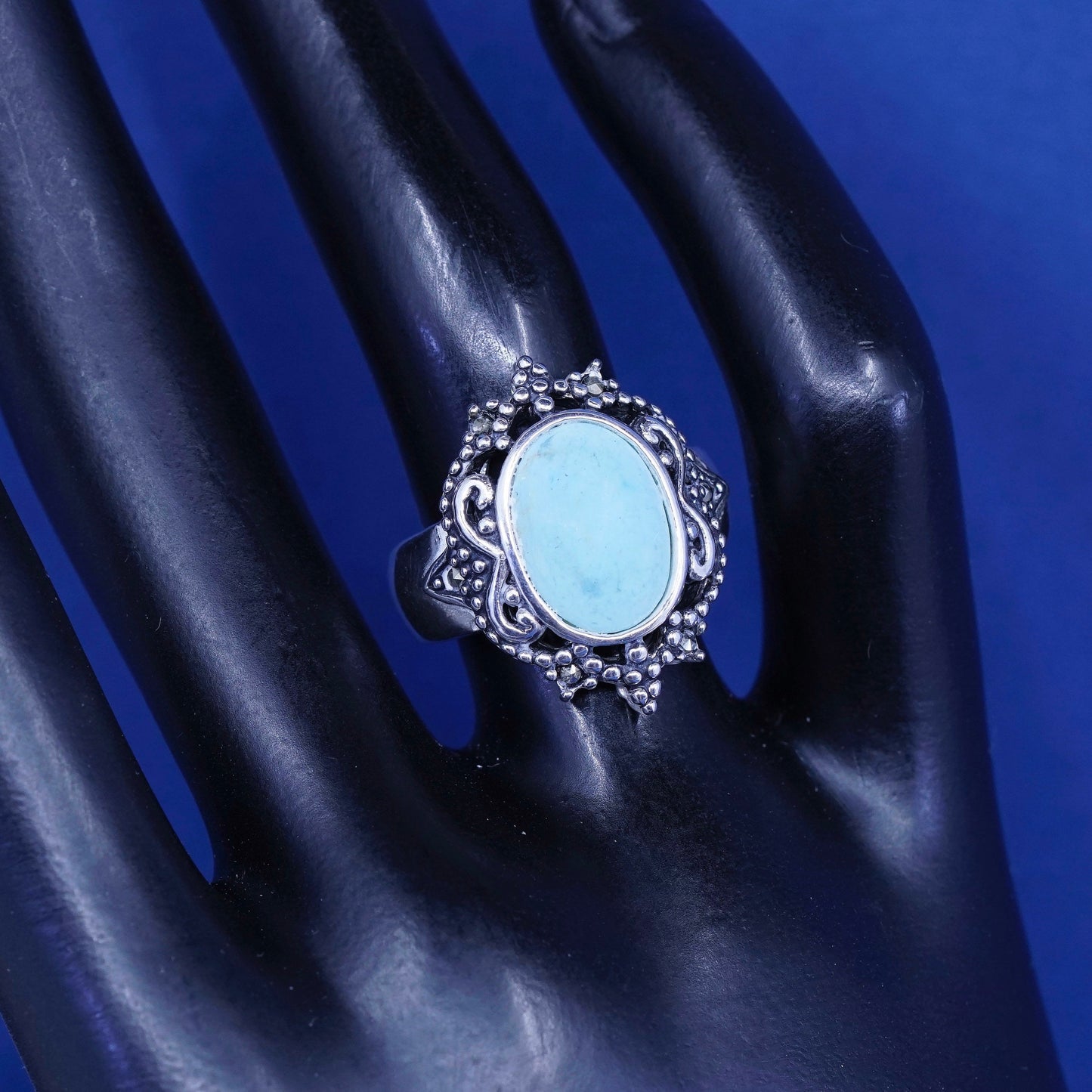 Size 5.75, vintage Sterling 925 silver handmade ring with turquoise and beads