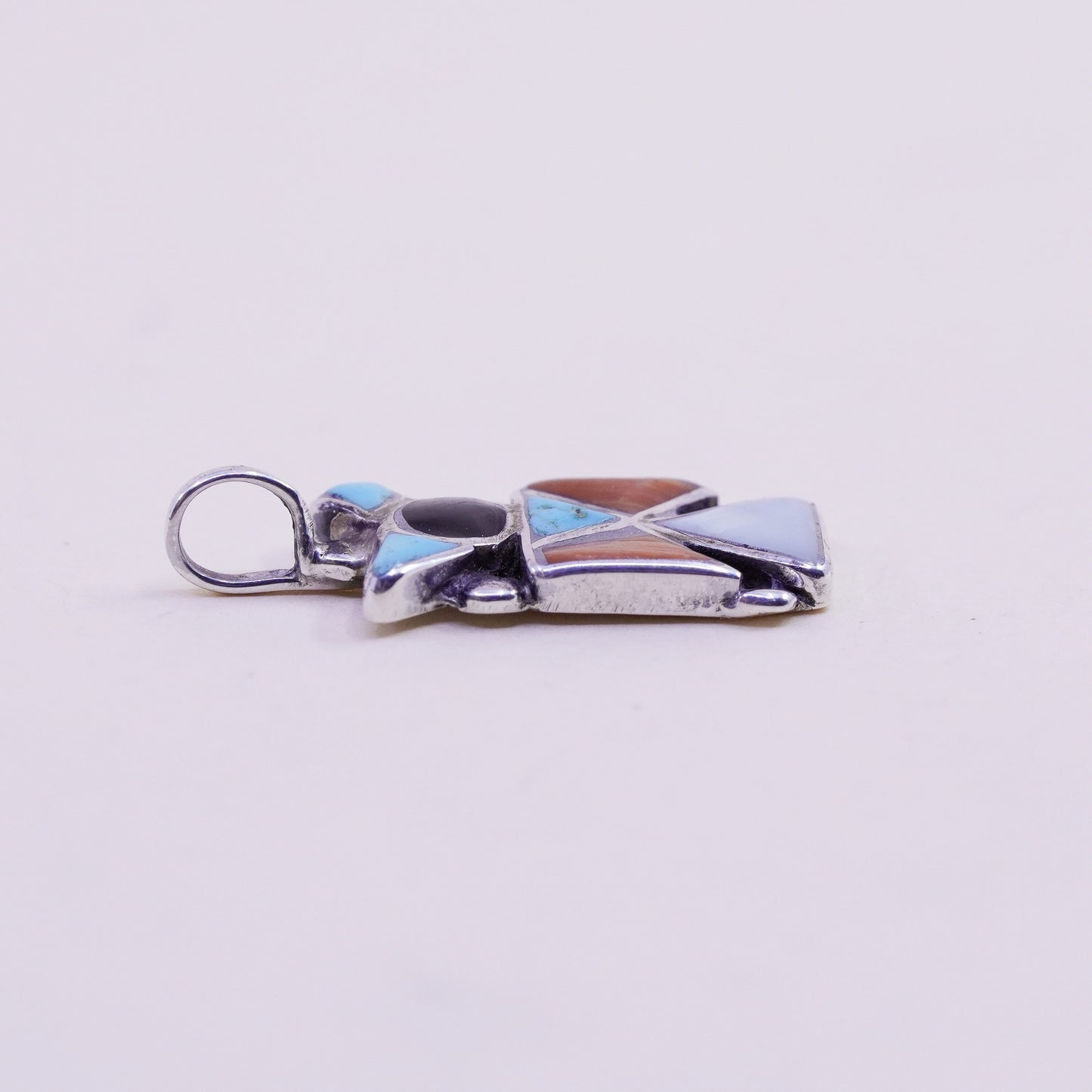 Sterling silver pendant, Navajo 925 runner bird turquoise coral mother of pearl