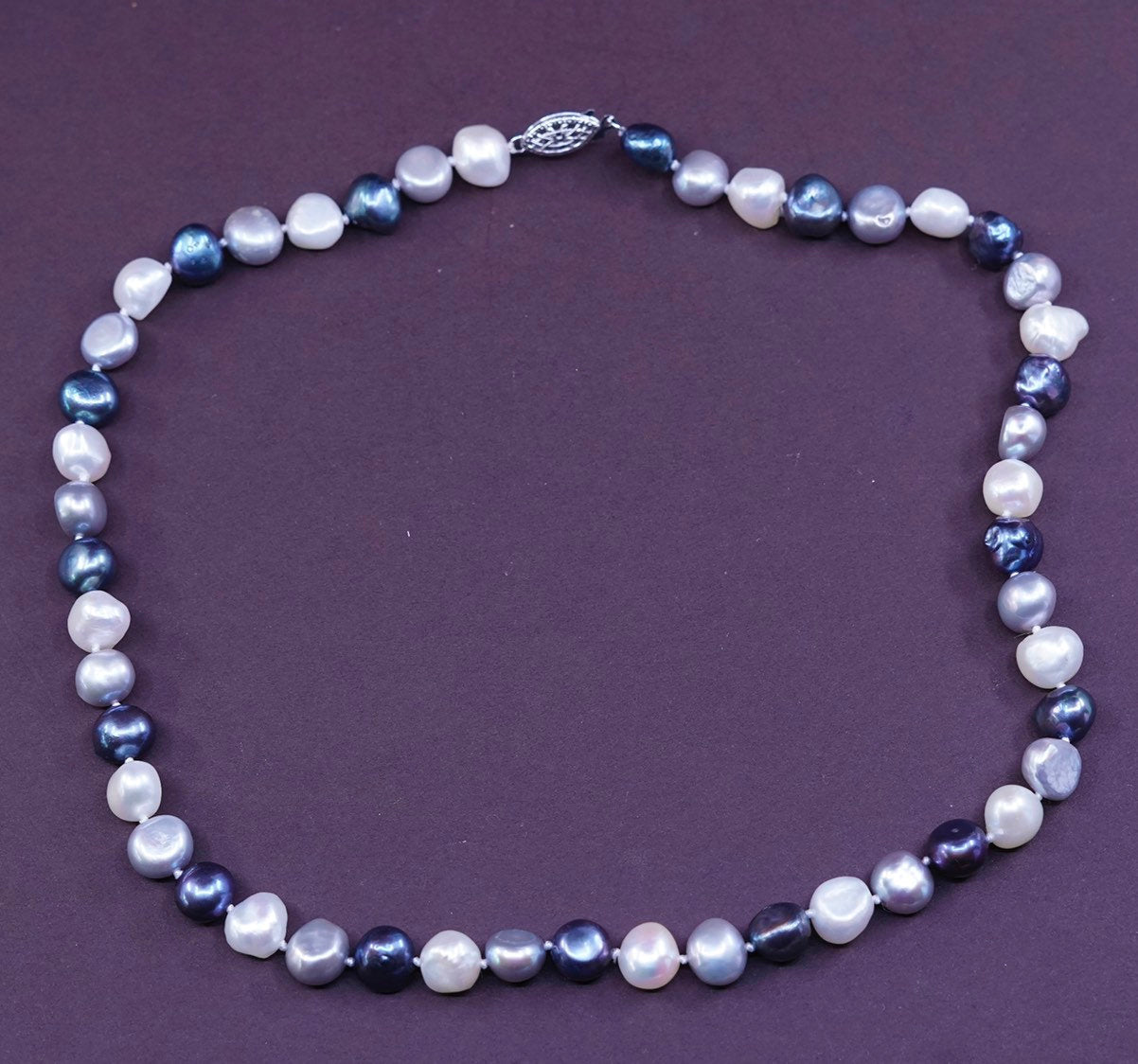 18", Sterling silver handmade necklace, 925 clasp w/ black white N gray pearl