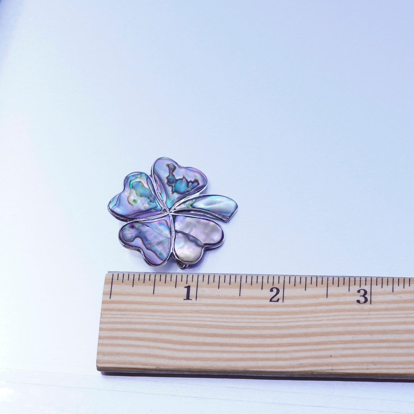 Taxco Sterling 925 silver handmade brooch lucky four leaf clover pin w/ abalone