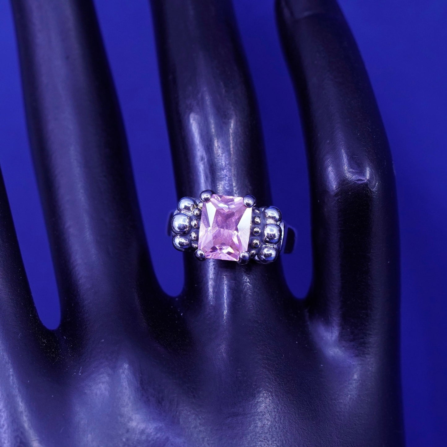 Size 6, vintage Sterling 925 silver handmade statement ring with pink crystal