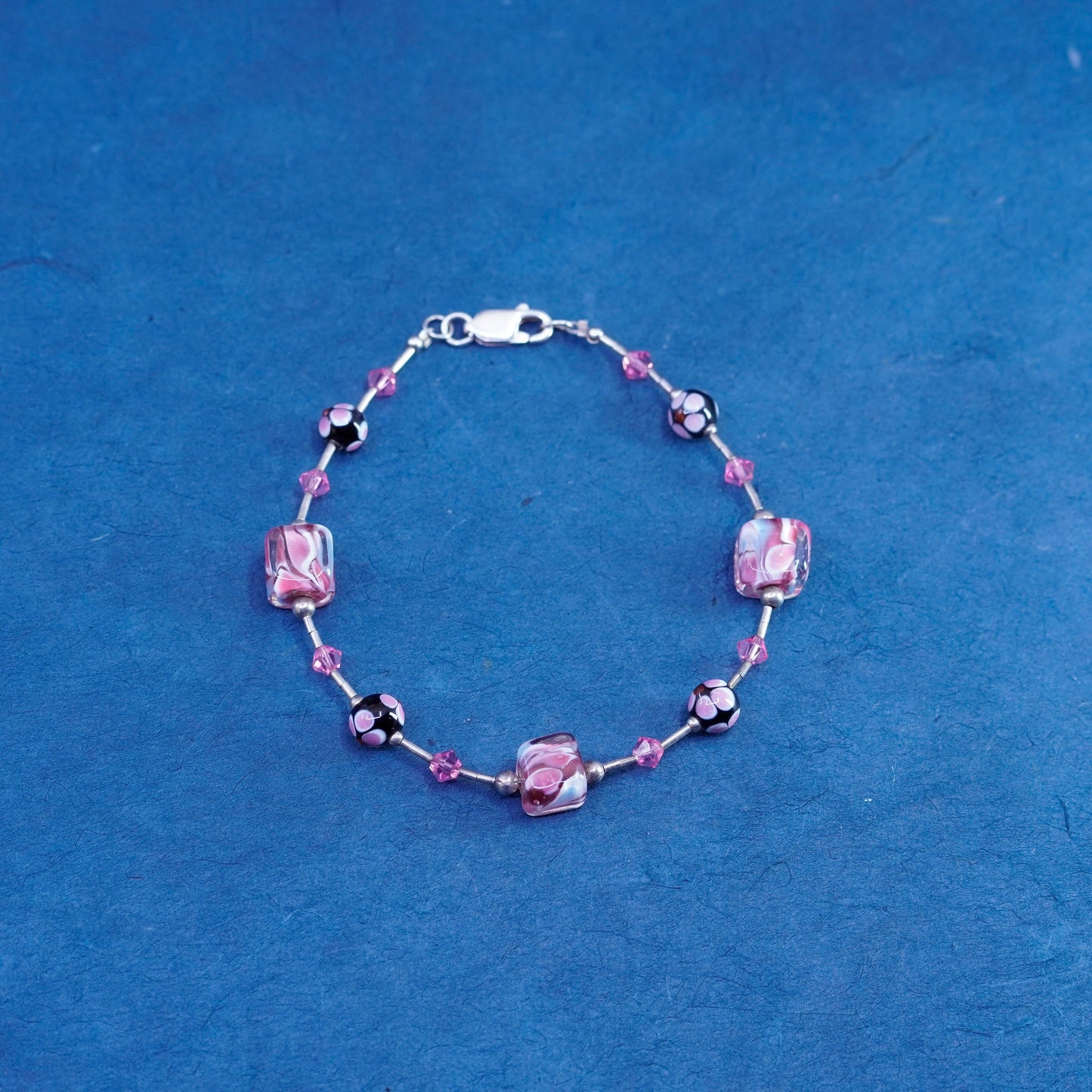 7”, Vintage handmade sterling silver bracelet with crystal and pink glass beads
