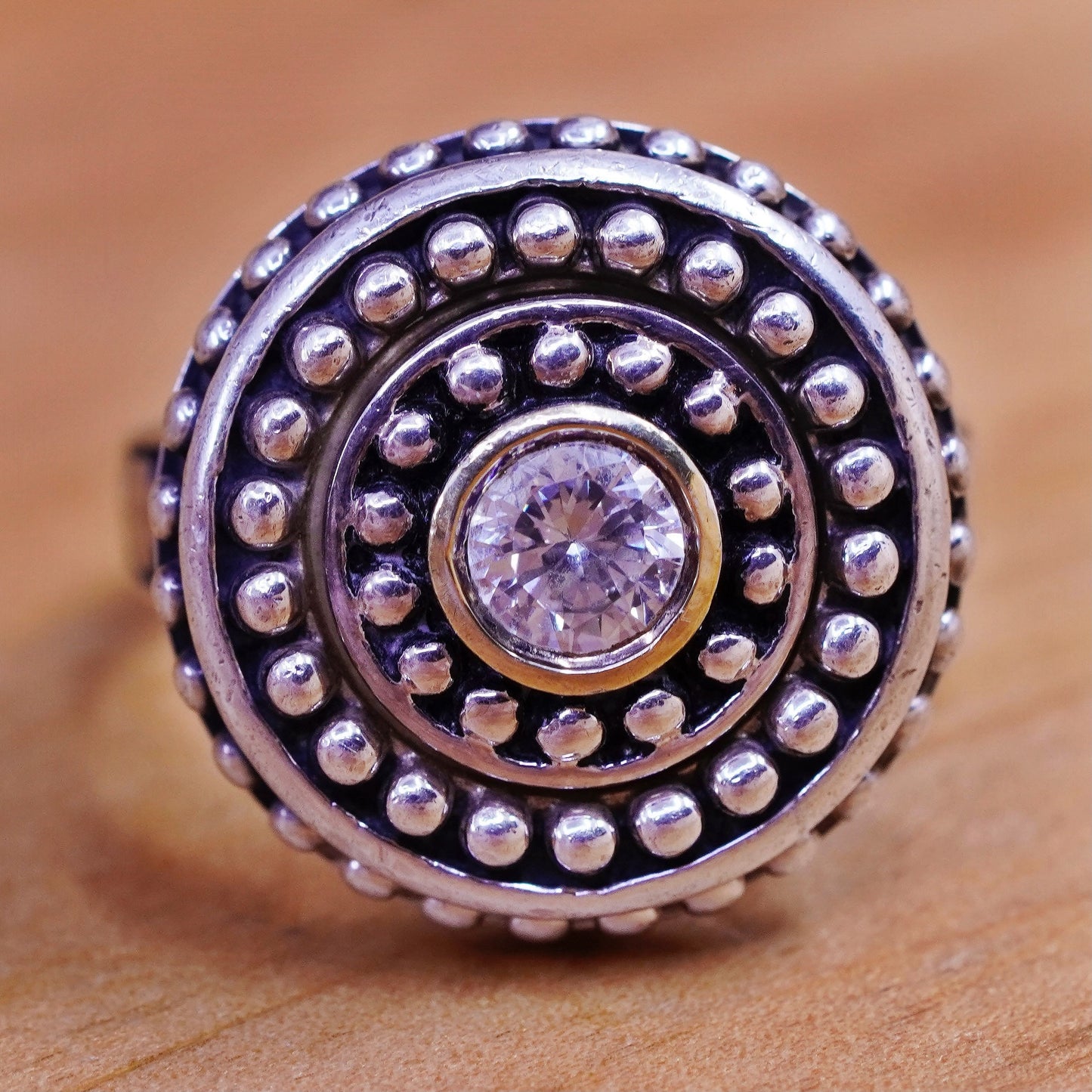 Size 5.75, vintage Kameleon sterling 925 silver handmade ring with cz and beads