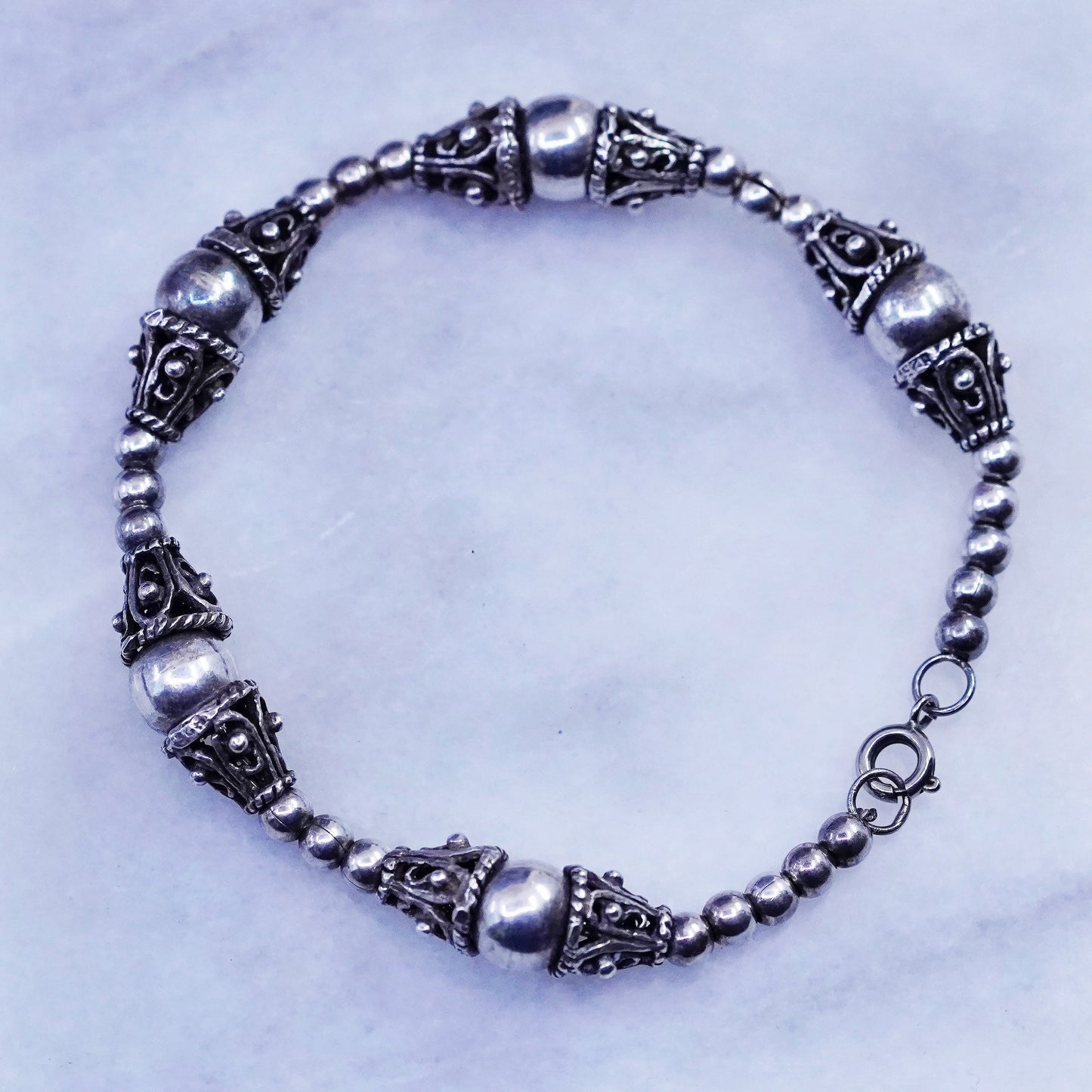 7”, vintage sterling 925 silver handmade bracelet with bali beads