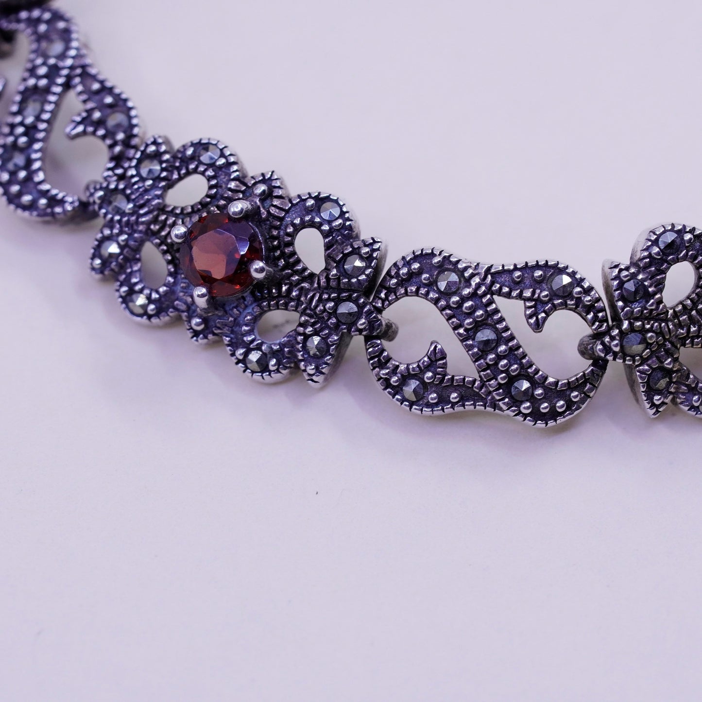 6.75”, Sterling Silver Handmade Bracelet, 925 chain with Marcasite ruby
