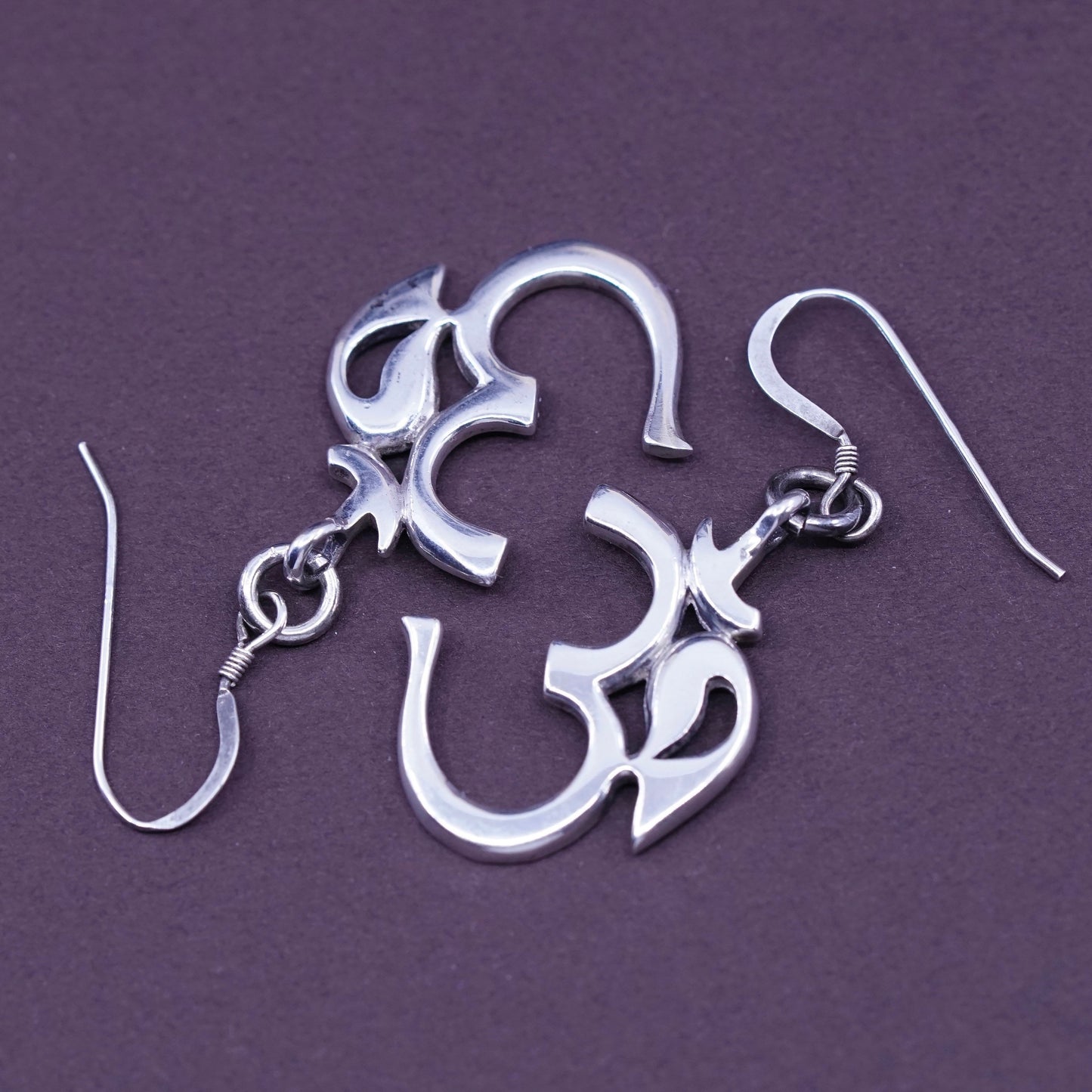 Vintage Om Aum Sterling silver handmade earrings, 925 Hammered 30 dangles