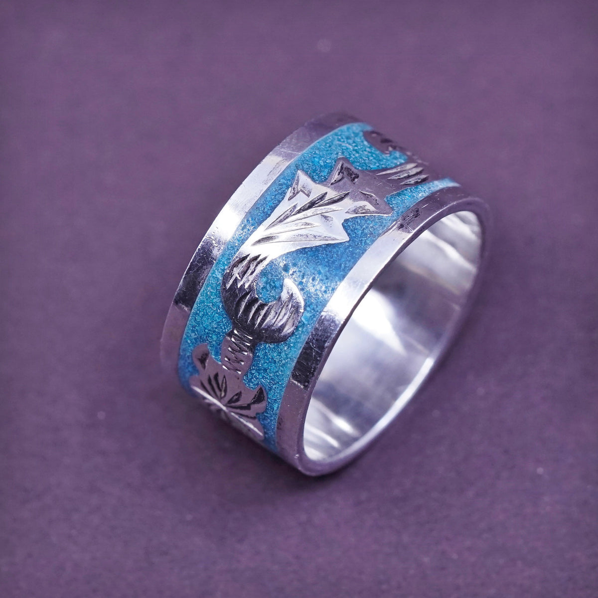 sz 10, Sterling silver ring, Native American, 925 wide band w/ turquoise