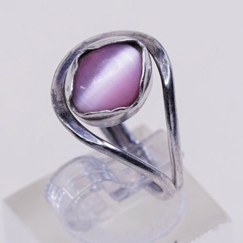 Sz 5.25, Vintage Handmade Sterling Silver Ring W/ Pink Tiger Eye, Stamped 925