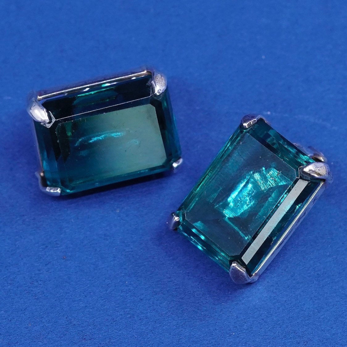 vtg Pat sterling silver handmade earrings, 925 w/ rectangular green glass