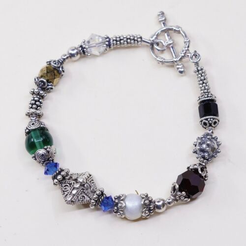 6.75”, Vtg Sterling Silver Handmade Bracelet 925 Bali W/ Swarovski Crystal Beads