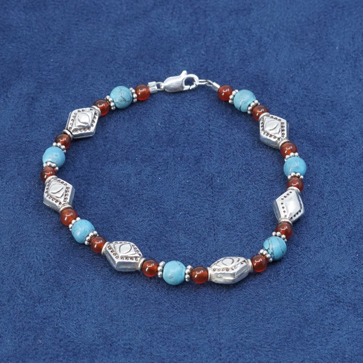 6.75”, vtg sterling silver handmade bracelet, 925 w/ turquoise N carnelian bead