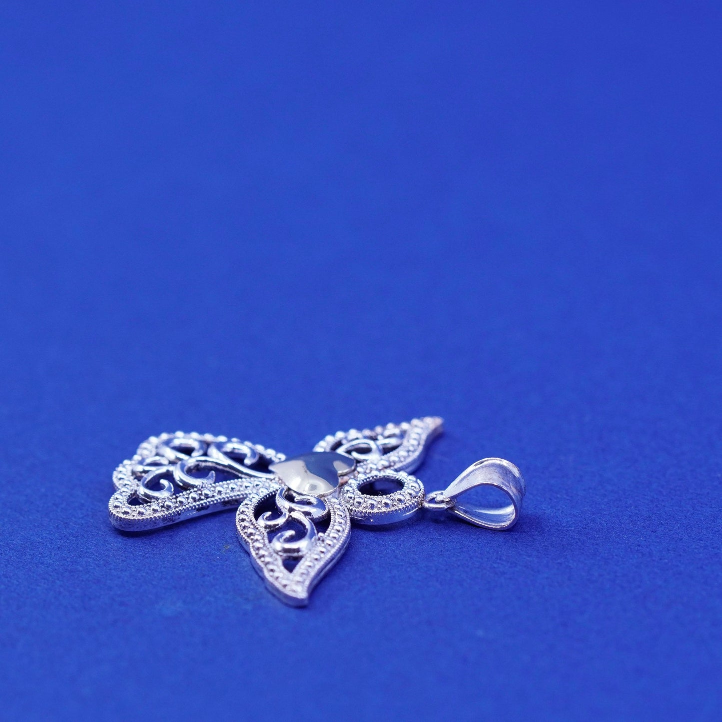 Sterling silver handmade pendant, 925 two tone filigree angel w/ 14K gold heart