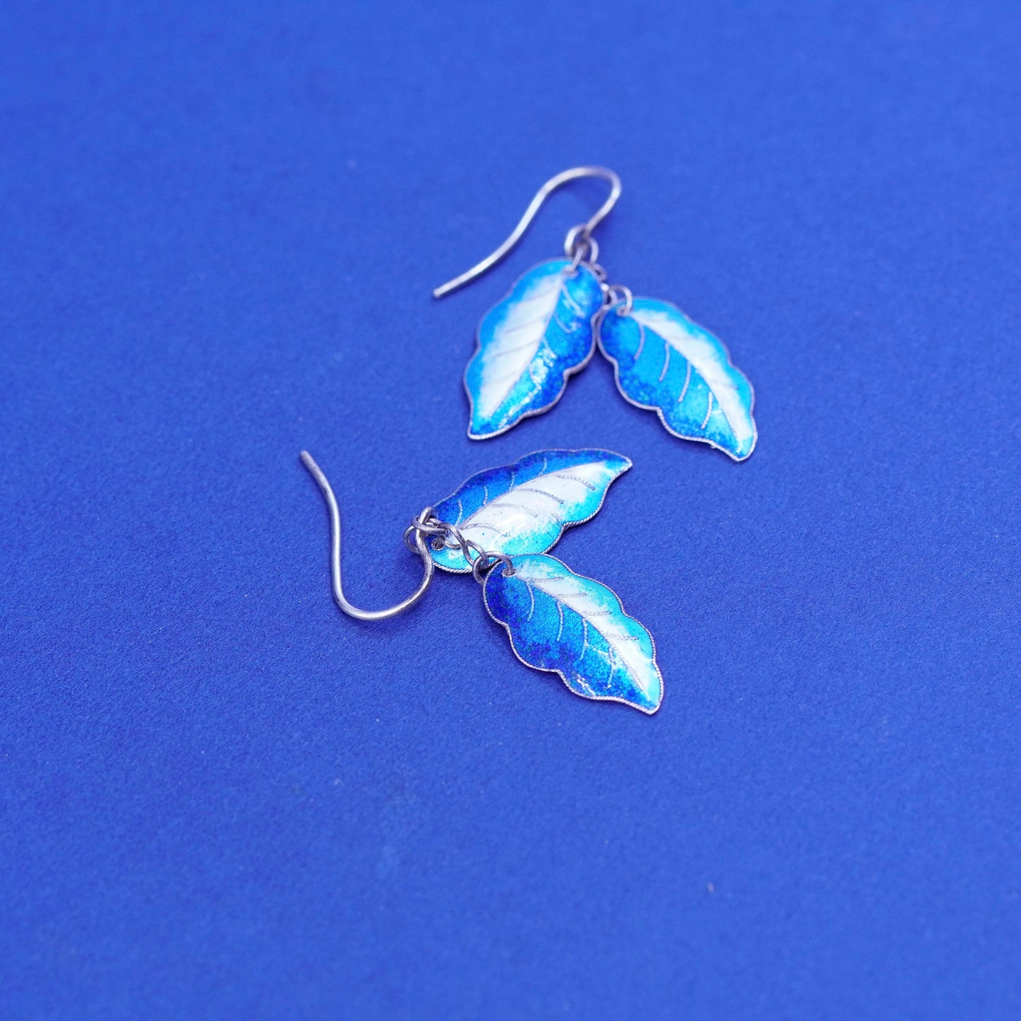 Vintage Sterling 925 silver handmade earrings, blue enamel leaves