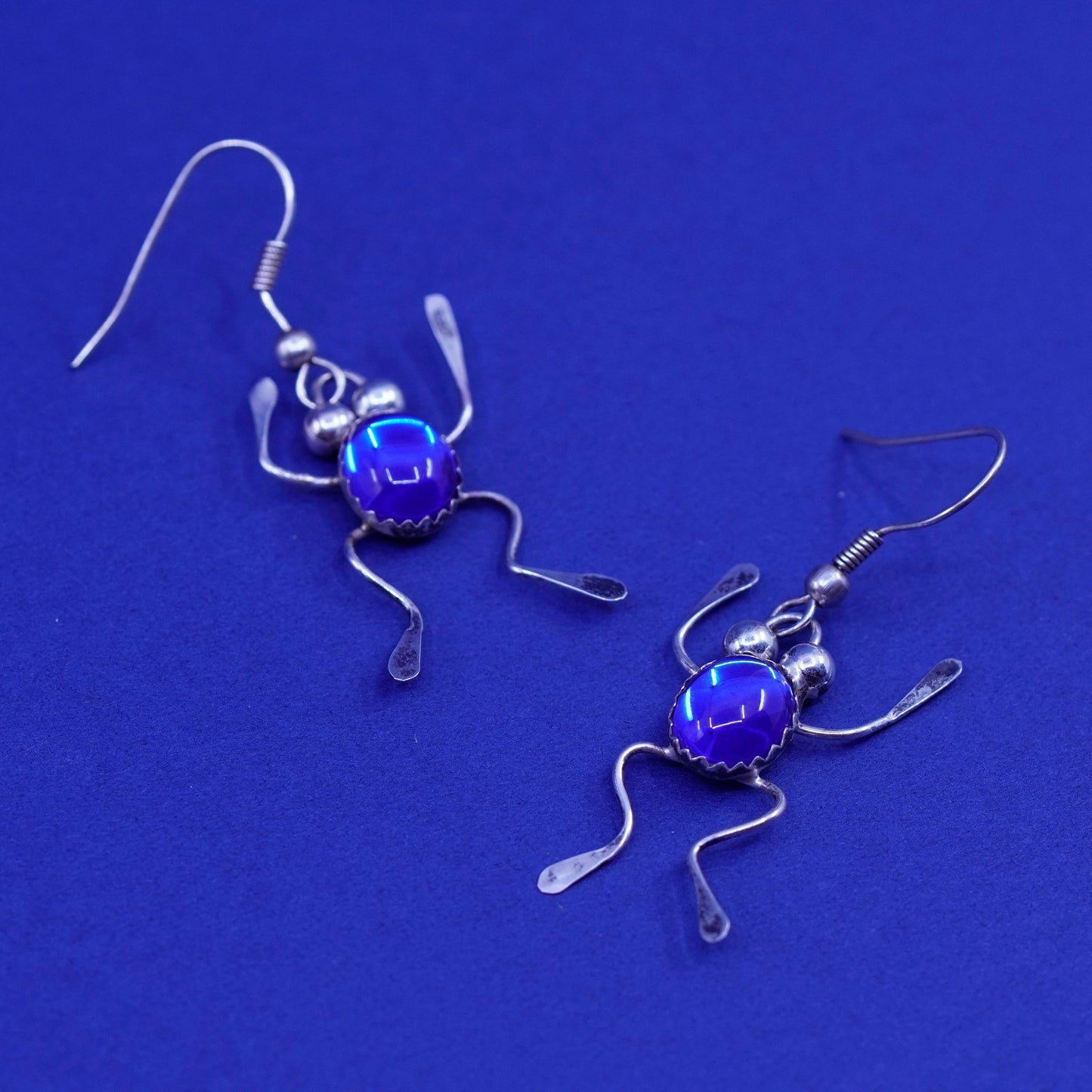 Vintage sterling 925 silver handmade frog earrings with blue glass