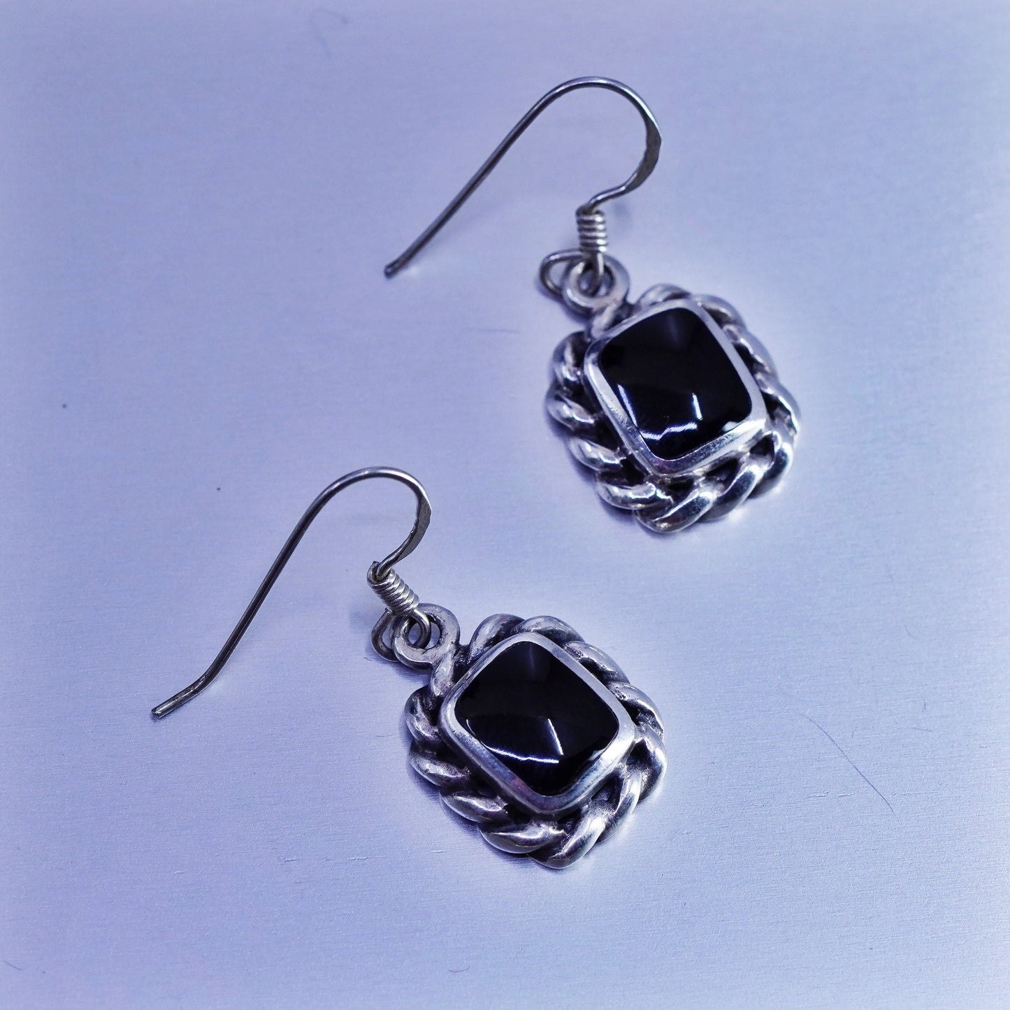 Vintage Sterling 925 silver handmade earrings with black onyx and cable around