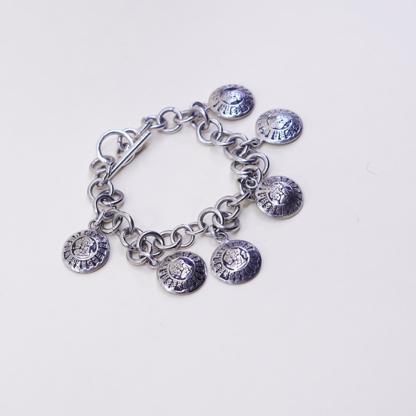 6.25”, sterling silver handmade bracelet, 925 chain w/ Mayan calendar charms