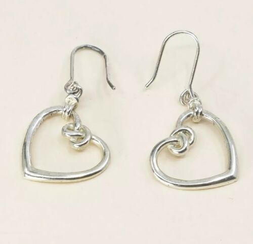 Vtg Handmade Wired 925 Sterling Silver Heart Dangle Hoop Earrings, Stamped 925