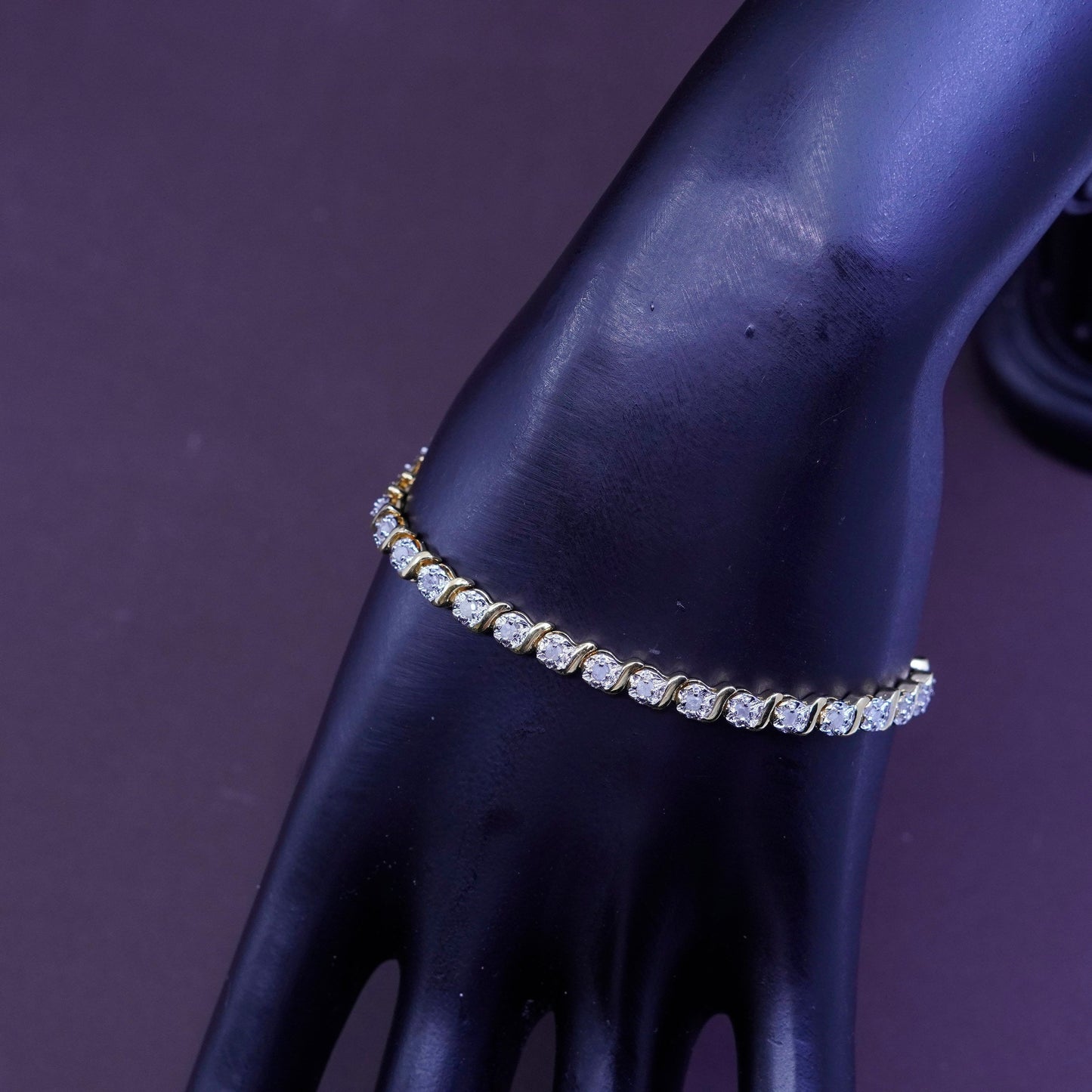 7.25”, vermeil gold over Sterling 925 silver tennis bracelet, chain diamonds