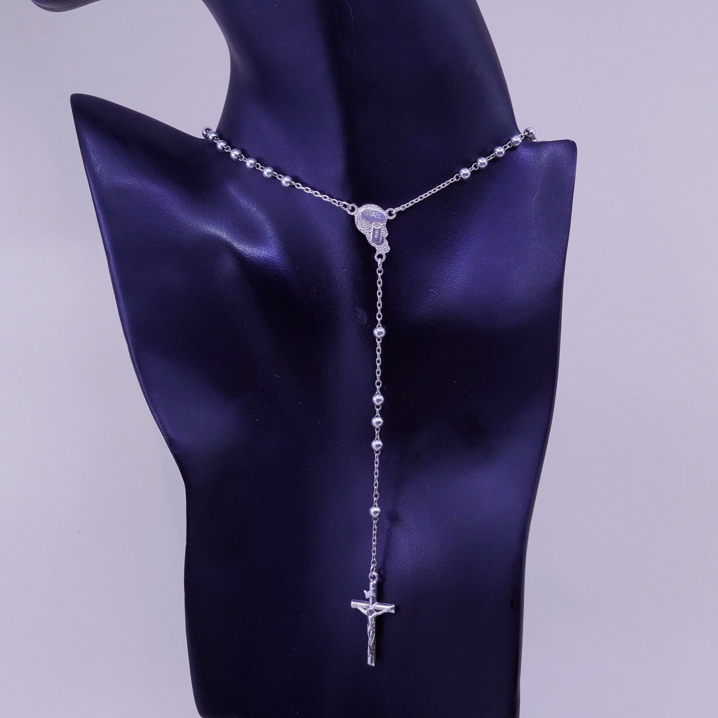 24”, Vintage Israel sterling silver rosary necklace circle chain cross pendant