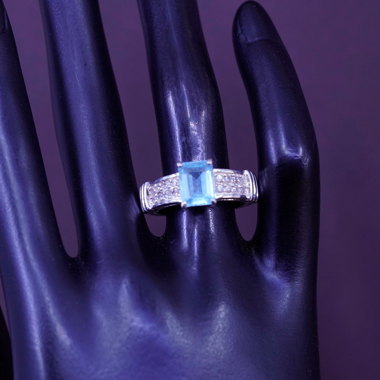 Size 8.25, vintage Sterling 925 silver engagement ring with blue topaz and cz