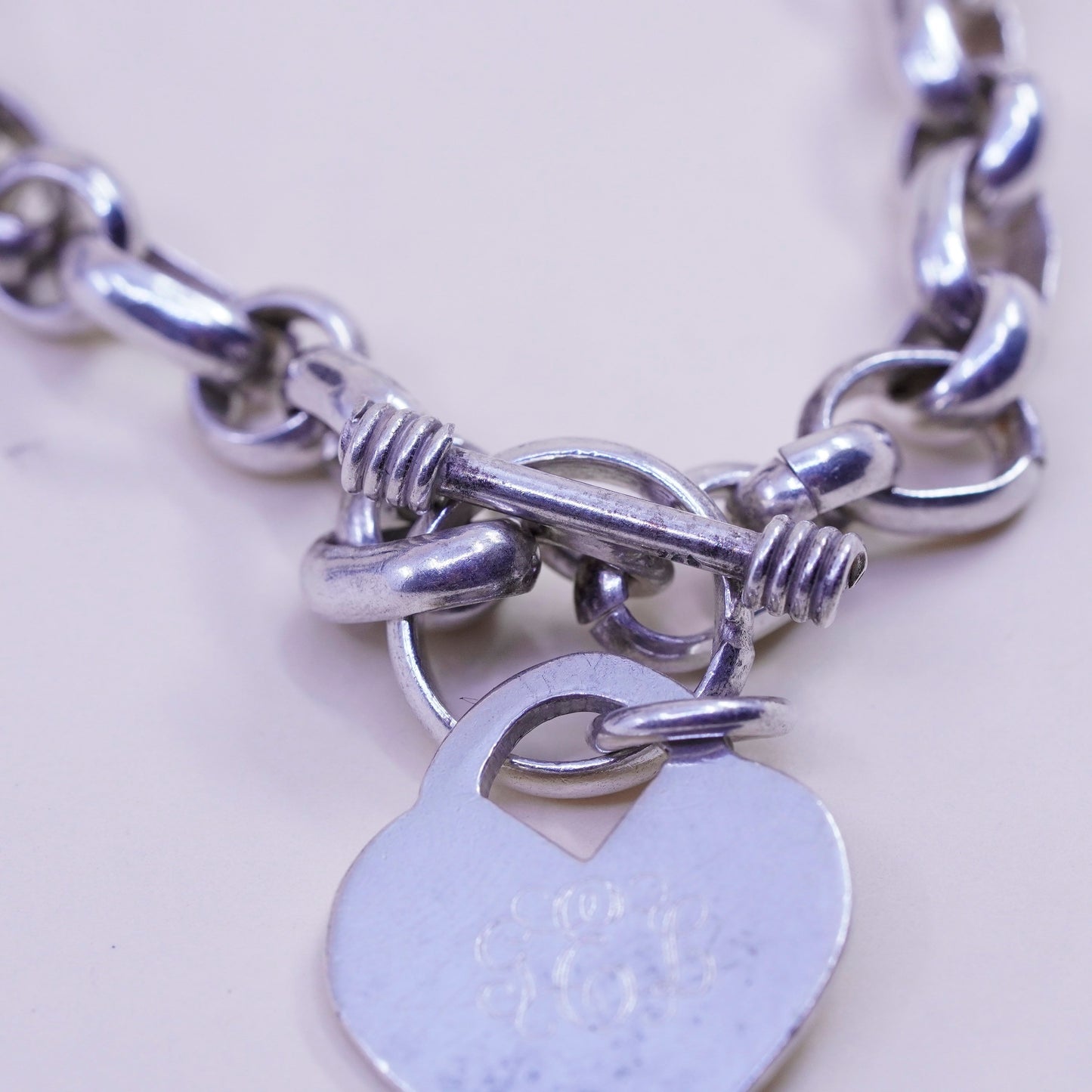 7”, 8mm, Vintage sterling 925 silver circle bracelet monogram GEL heart charm