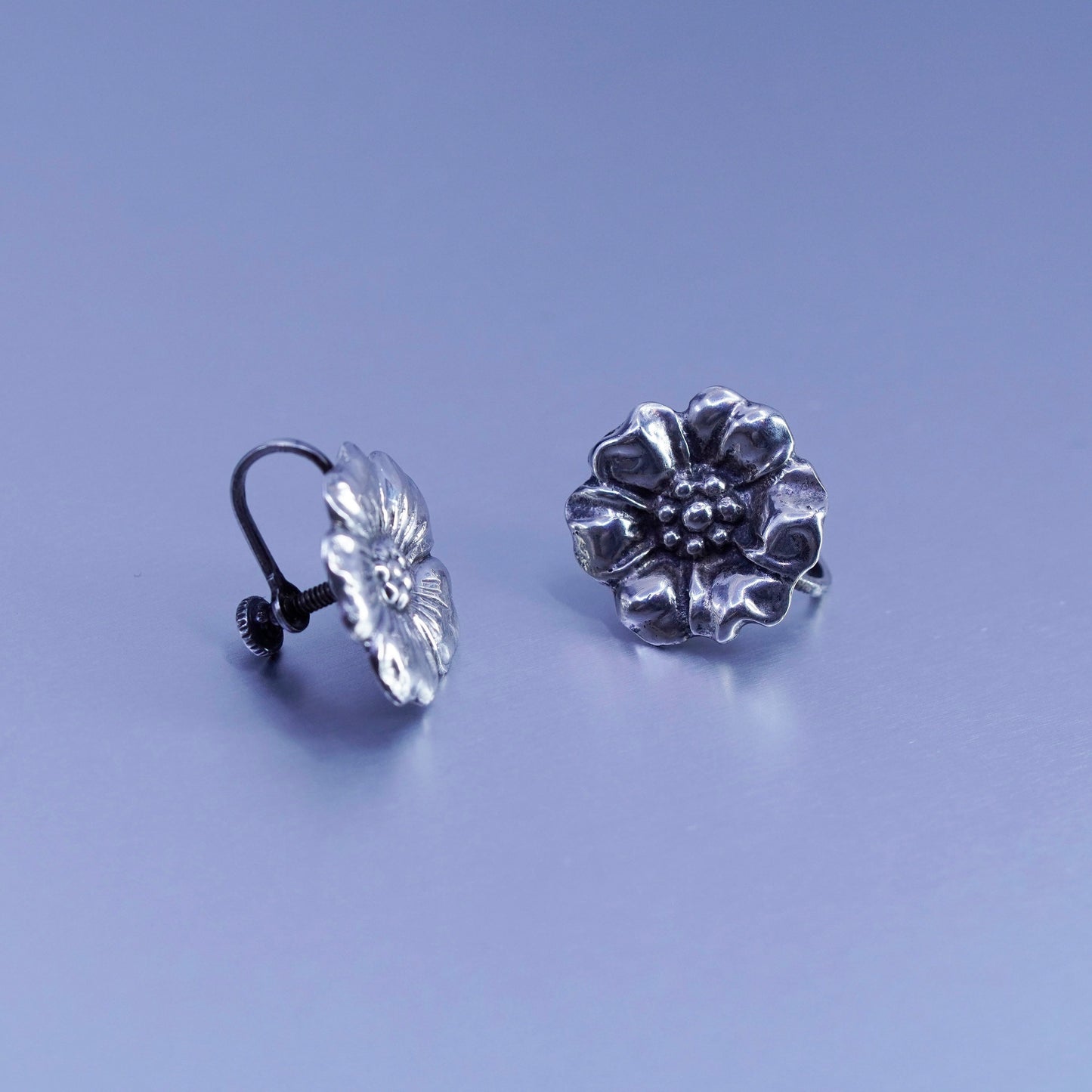 Vintage Sterling 925 silver handmade earrings, screw back flower