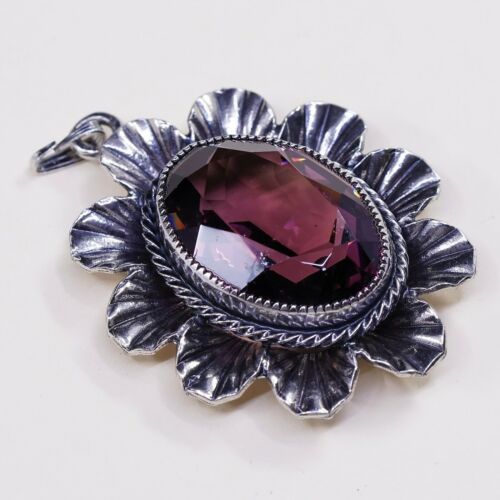 Vtg Danecraft Sterling silver pendant, Floral 925 w/ amethyst, stamped Sterling