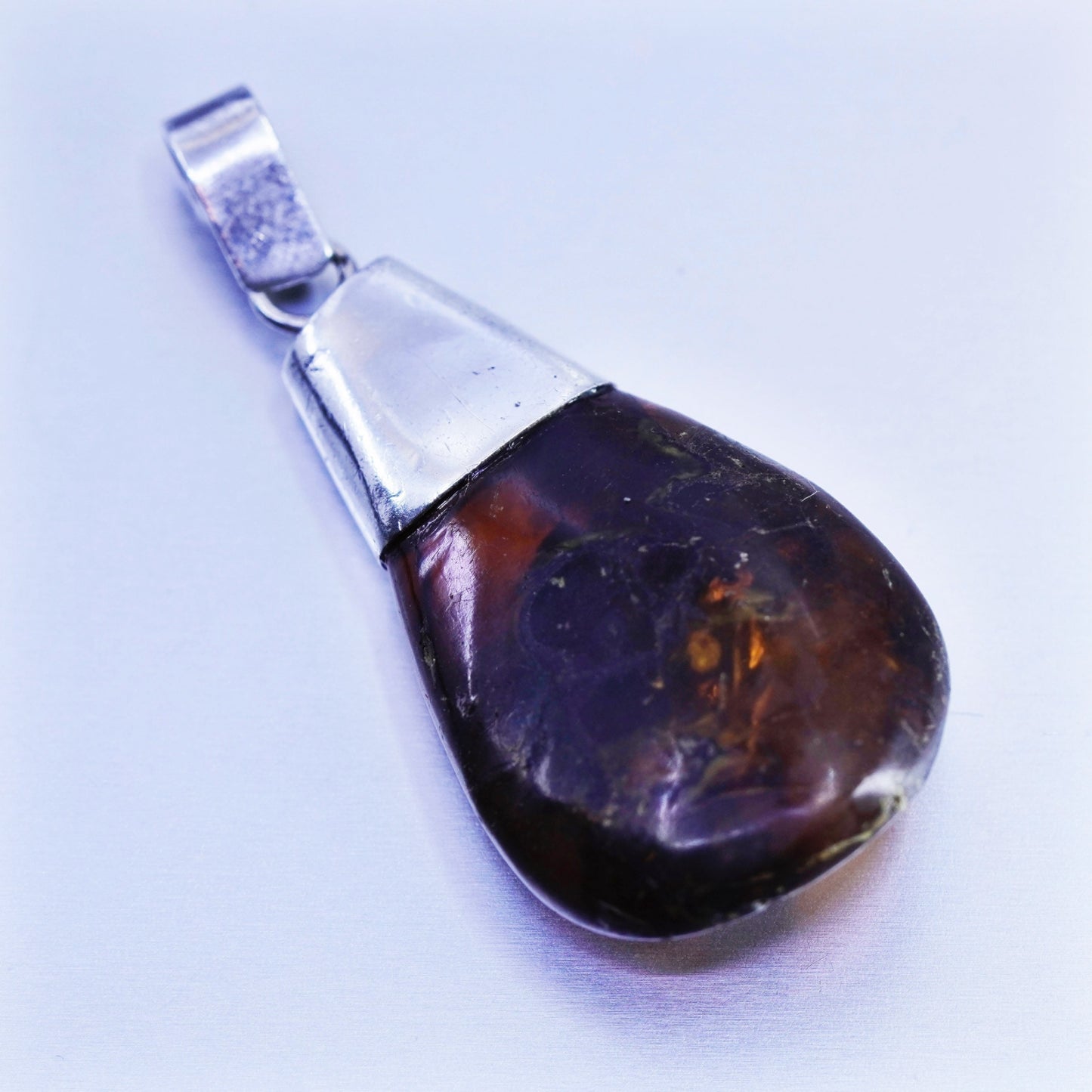 antique sterling 925 silver handmade pendant with teardrop amber