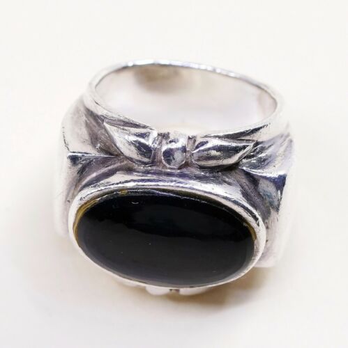 Sz 6.25, Vtg Sterling Silver Handmade Ring, 925 Band W Obsidian N Bali Beads