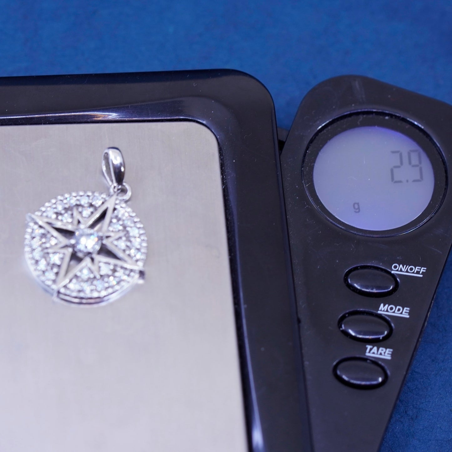vintage Sterling silver handmade pendant, 925 compass with cluster cz