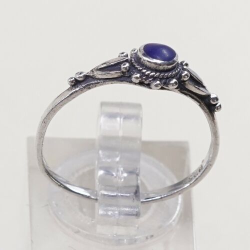Sz 6.5, Vtg Sterling Silver Handmade Ring, 925 Band W Blue Onyx N Bali Beads