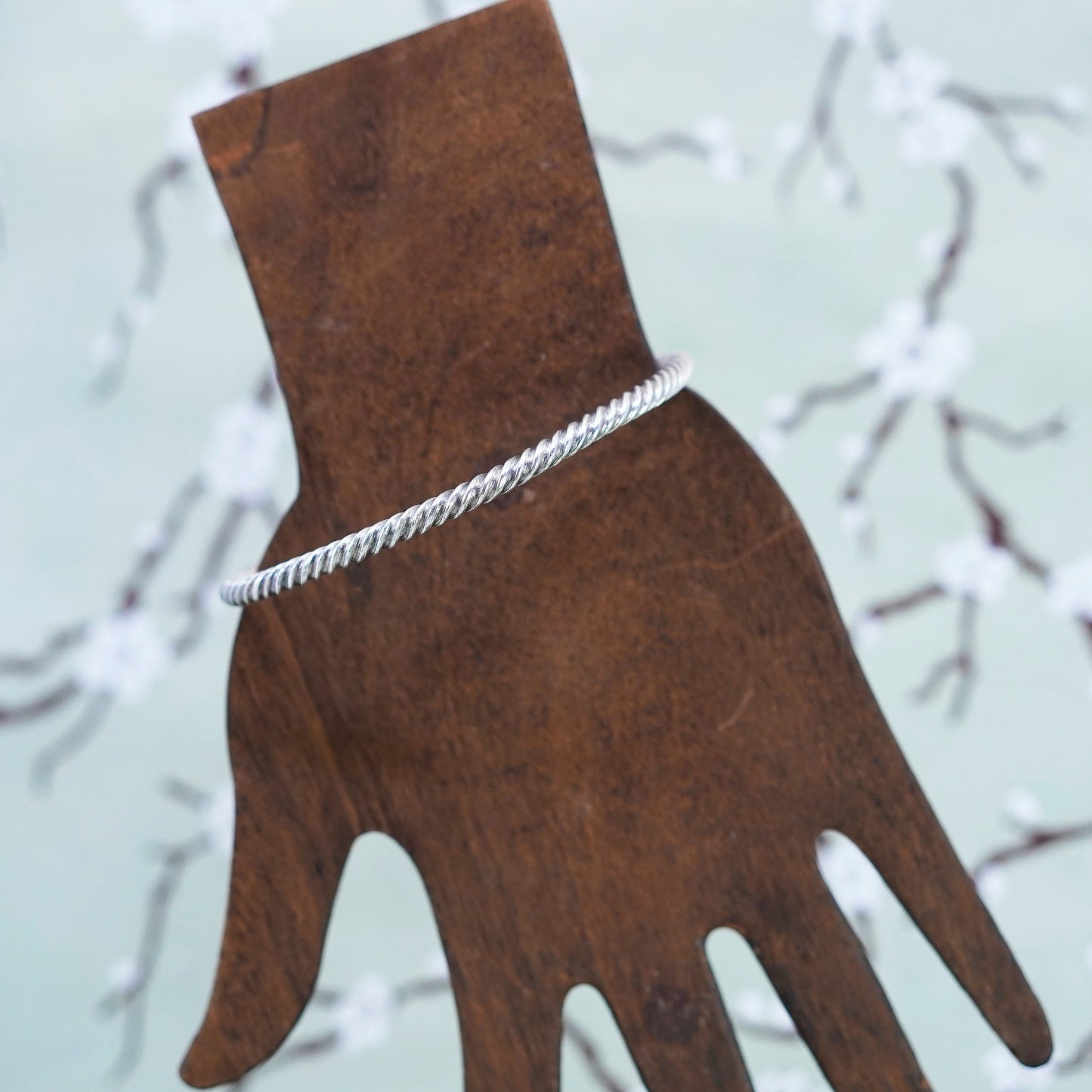 7.5”, Sterling silver bracelet, modern twisted handmade 925 cuff with beads
