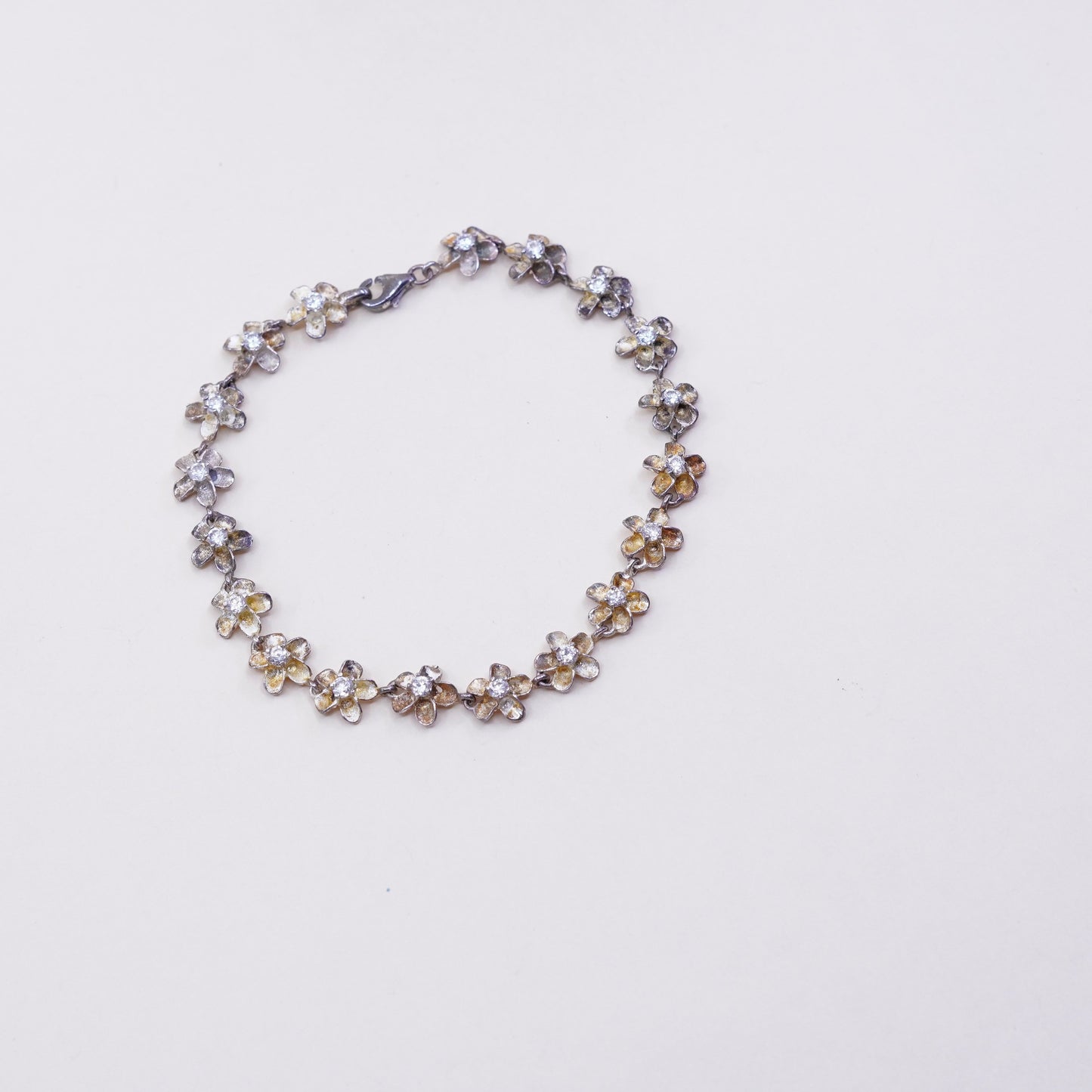 7.5”, Vintage sterling silver bracelet, 925 flowers with Cz, handmade jewelry