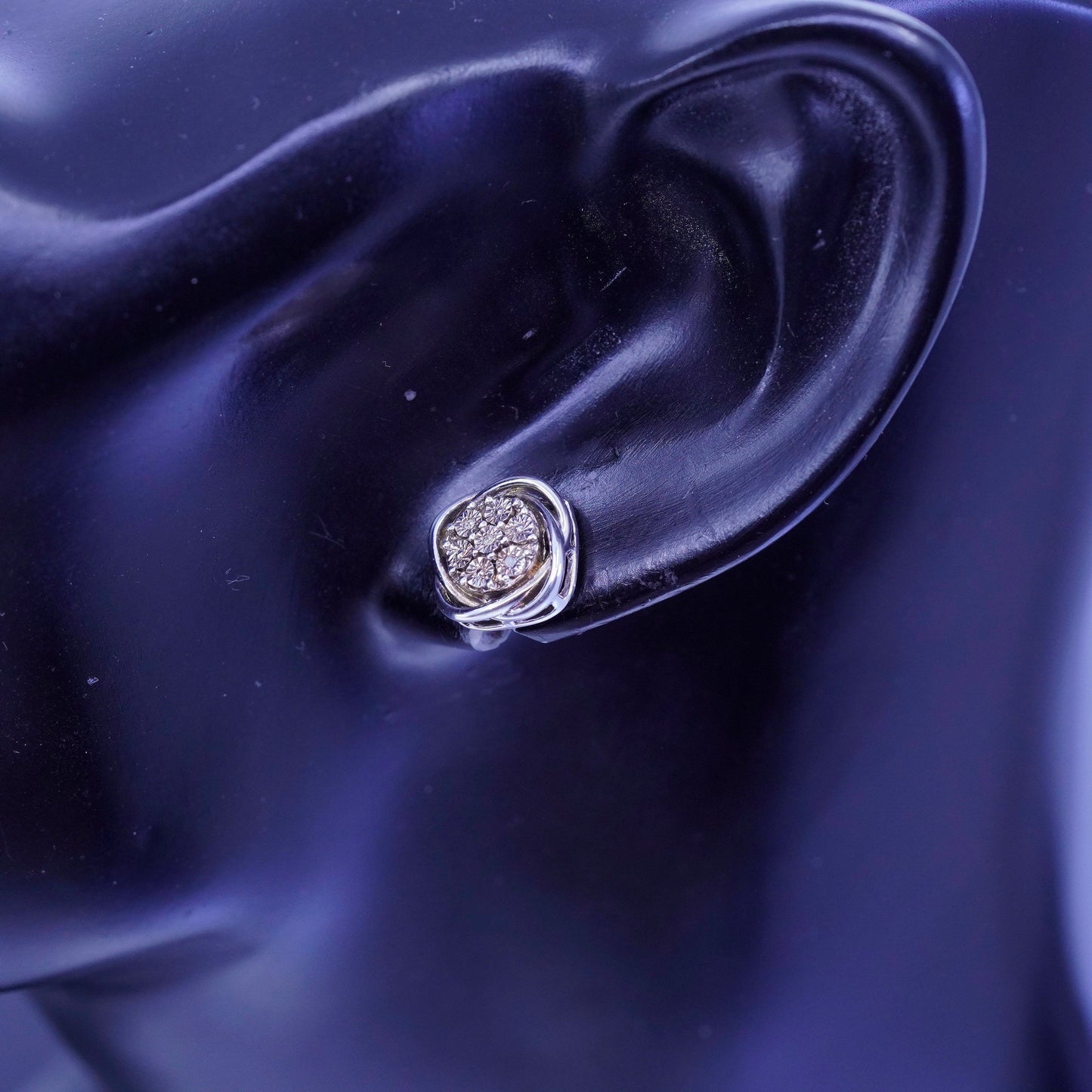 Vintage Sterling 925 silver earrings, entwined studs with diamond inlay