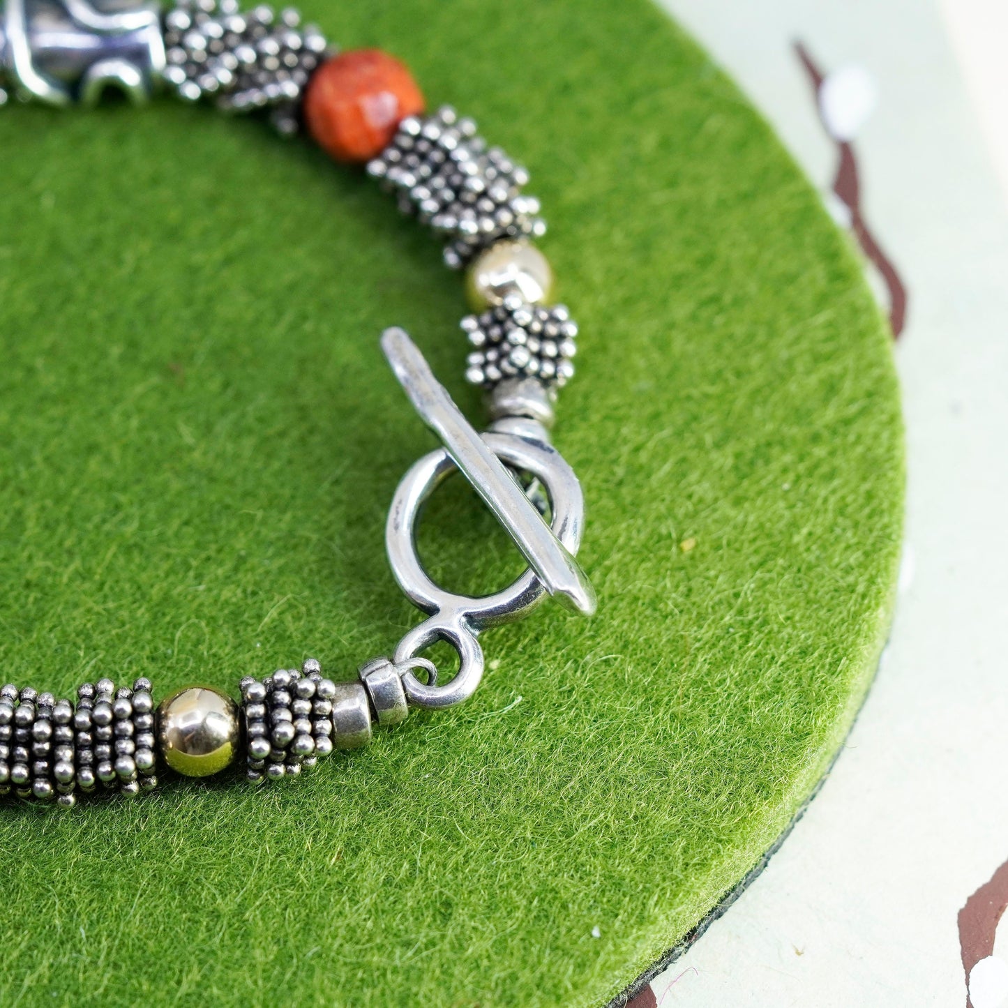 6.5”, Vintage southwestern 925 Sterling silver bracelet 14K yellow gold beads