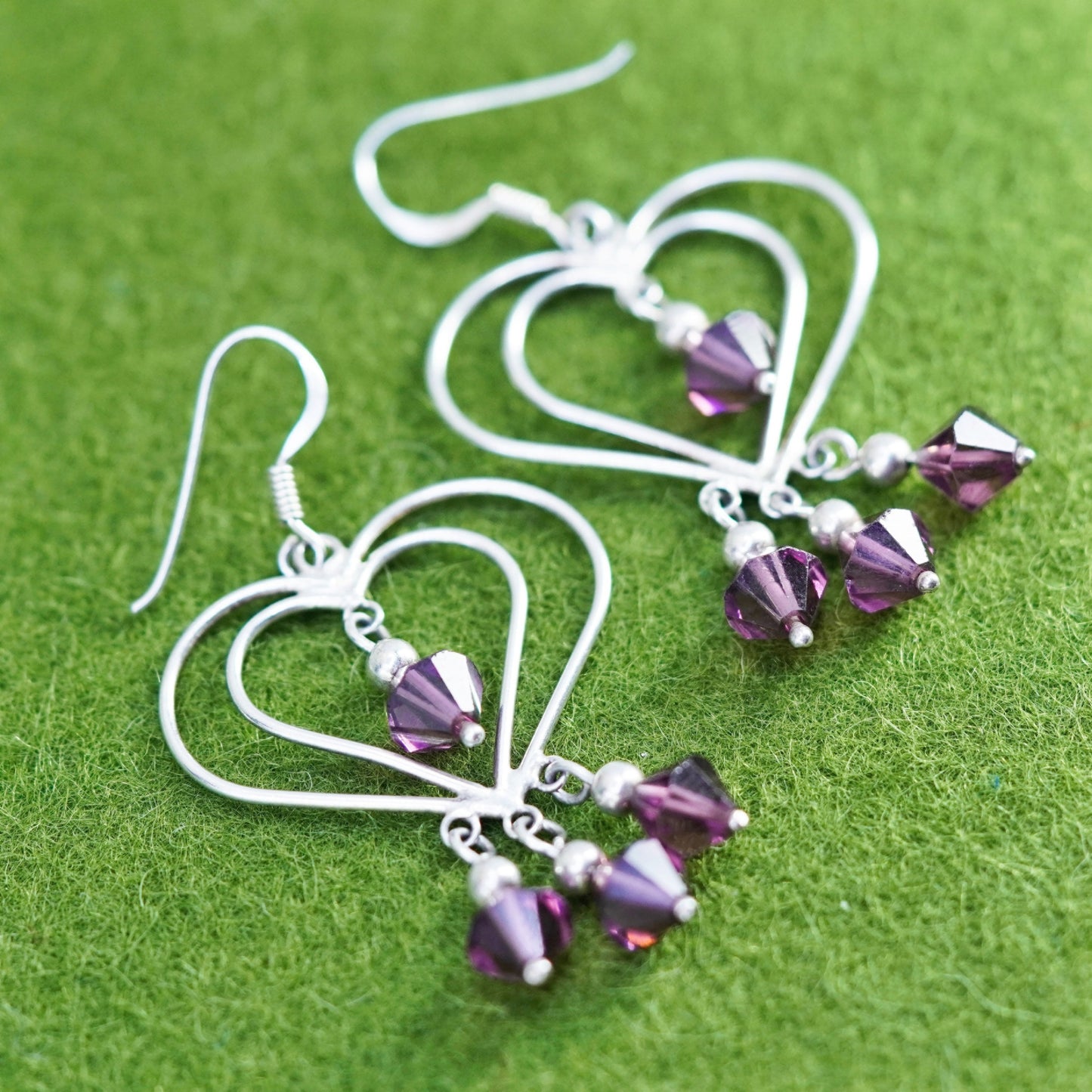 Vintage sterling silver handmade earrings, 925 heart with purple crystal