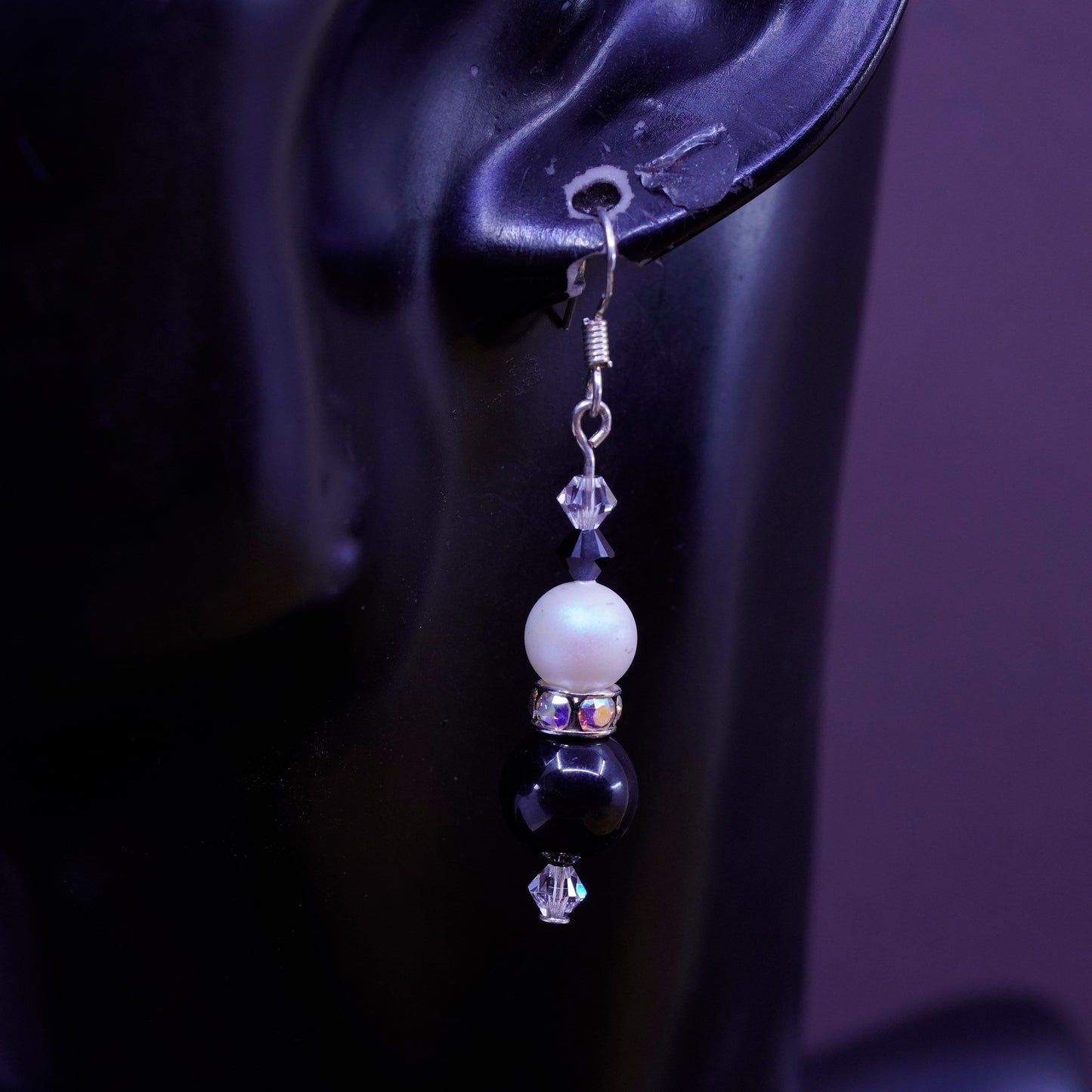 Vintage Sterling 925 silver handmade earrings with obsidian pearl