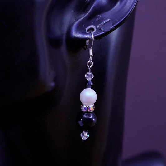 Vintage Sterling 925 silver handmade earrings with obsidian pearl