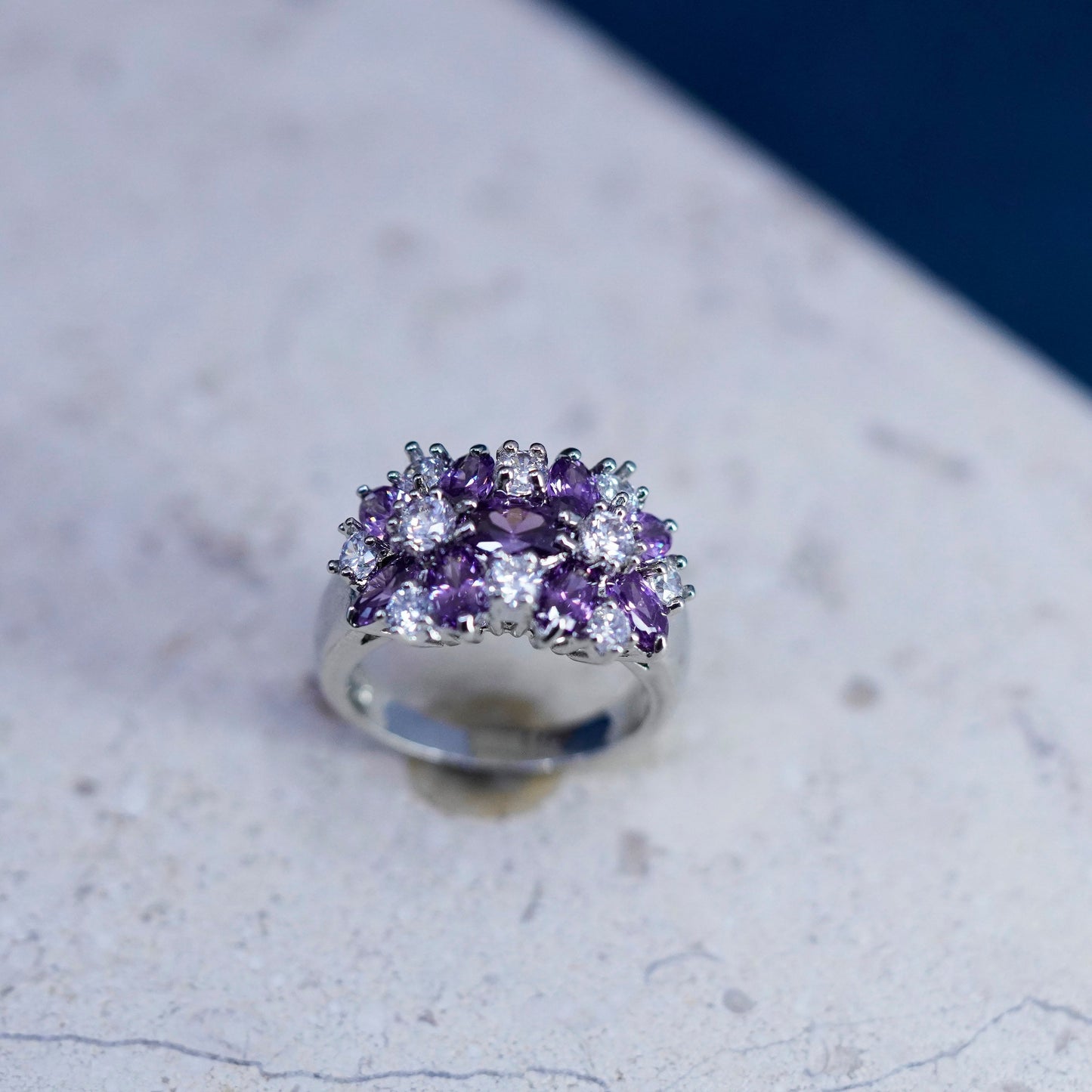 Size 6.5, vintage Sterling silver handmade ring, 925 flower with amethyst cz