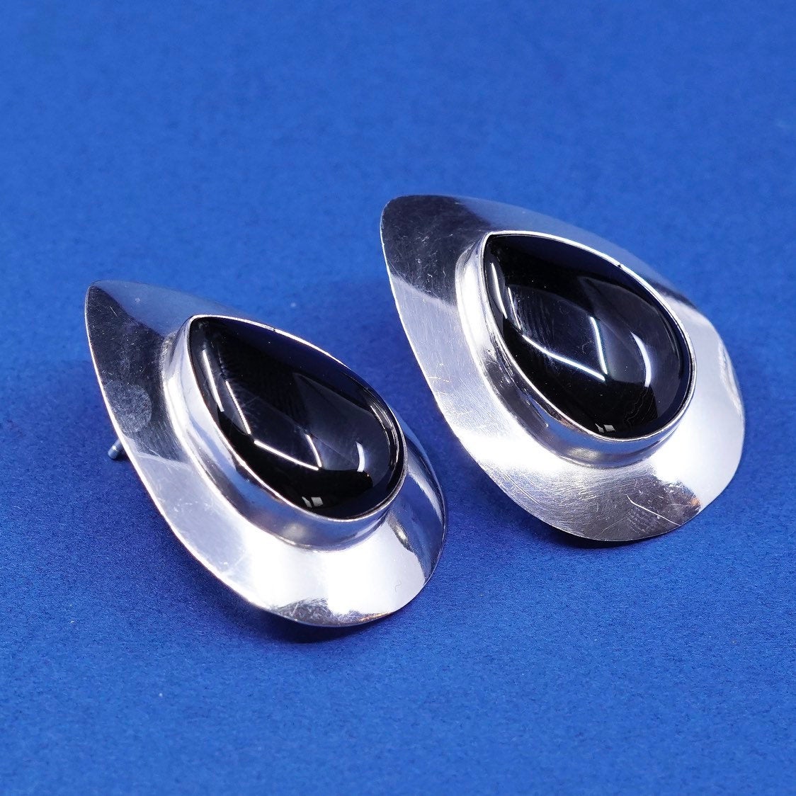 vtg Plata sterling 925 silver handmade earrings, mexico 925 studs w/ blue onyx