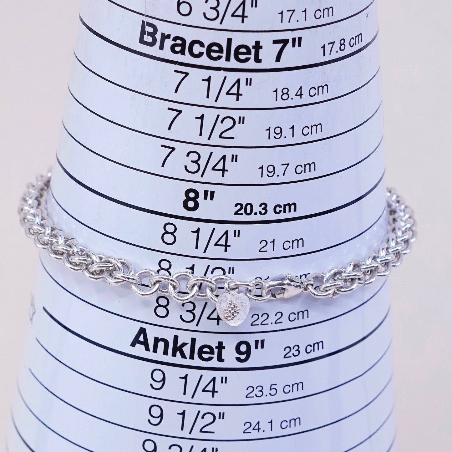 8.5”, VTG sterling silver handmade charm bracelet, 925 wheat link chain