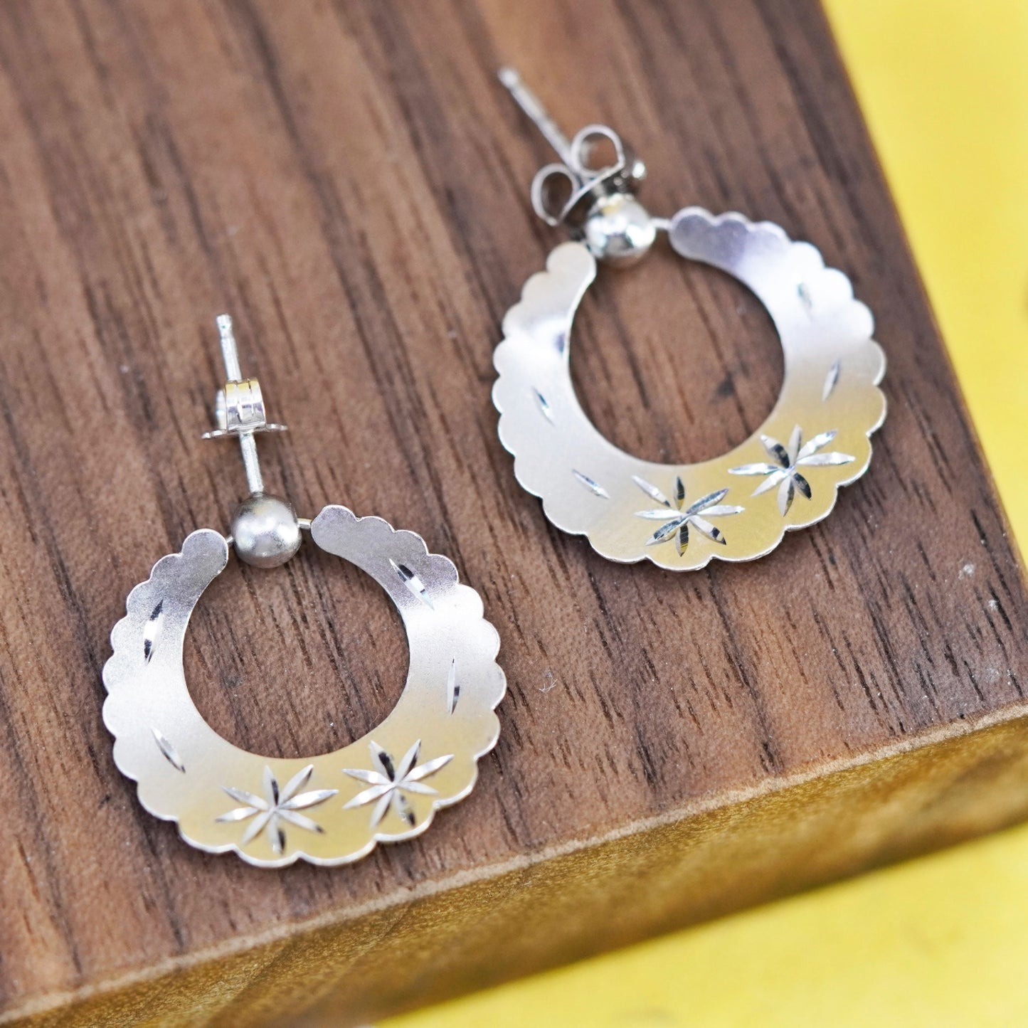 Vintage Sterling 925 silver handmade studs, earrings engraved flower