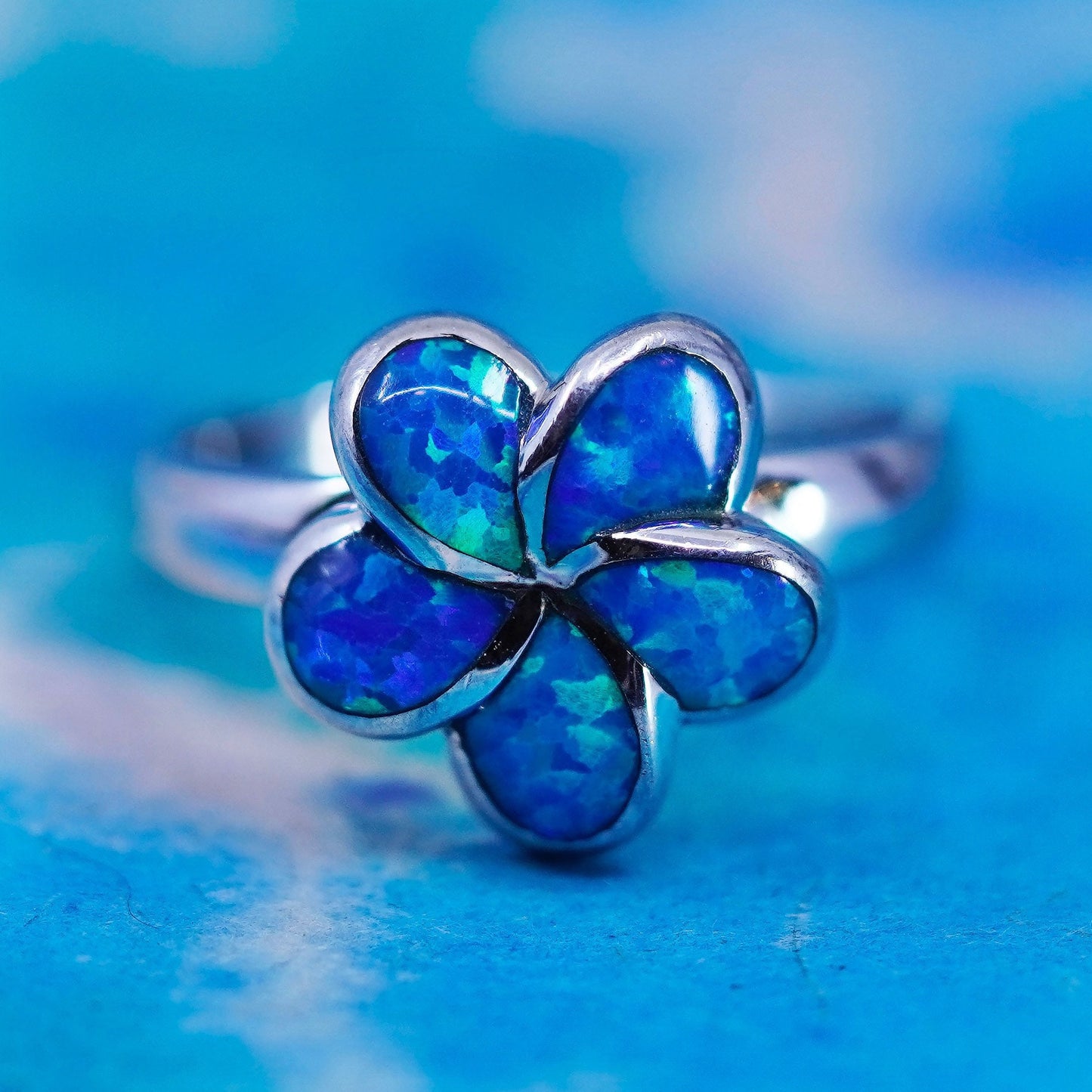 Size 6, Vintage Sterling 925 silver handmade plumeria flower ring with opal