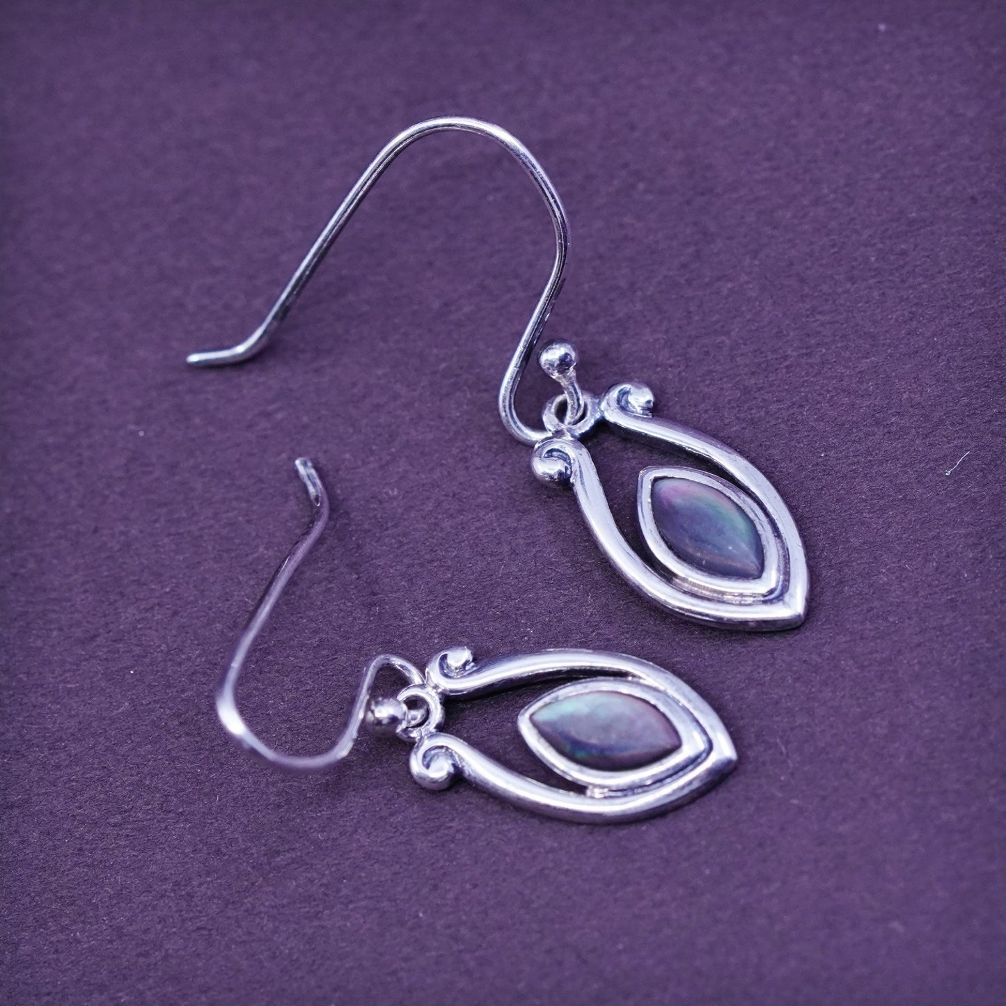 Vintage Sterling 925 silver handmade earrings with Marquise shaped abalone