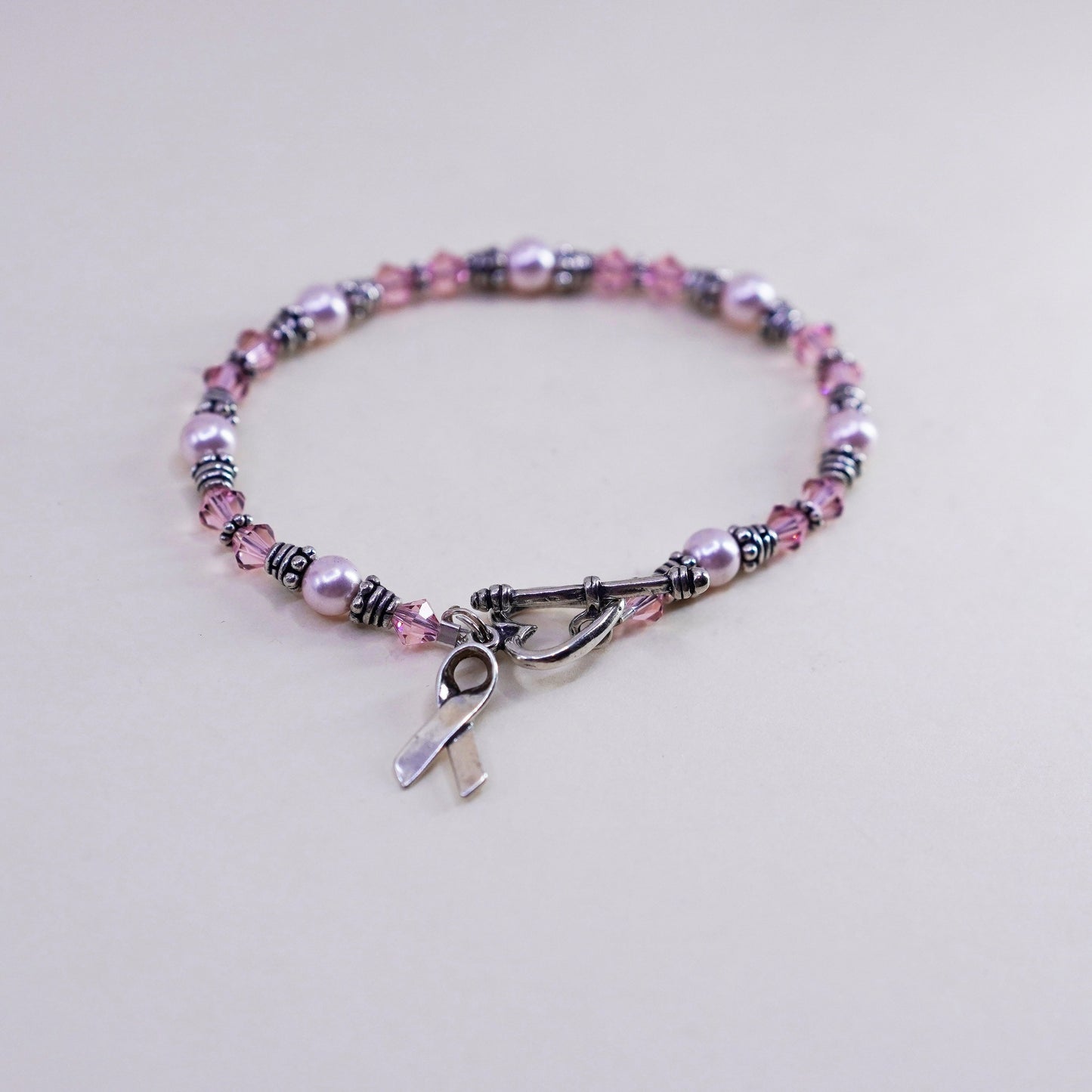 7”, Sterling silver bracelet, 925 bead chain pink crystal breast cancer ribbon
