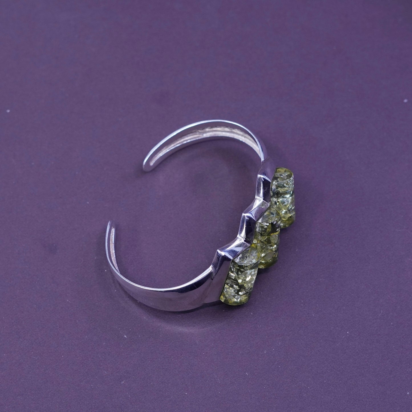 6.5”, Sterling silver handmade bracelet, statement 925 cuff with green Amber