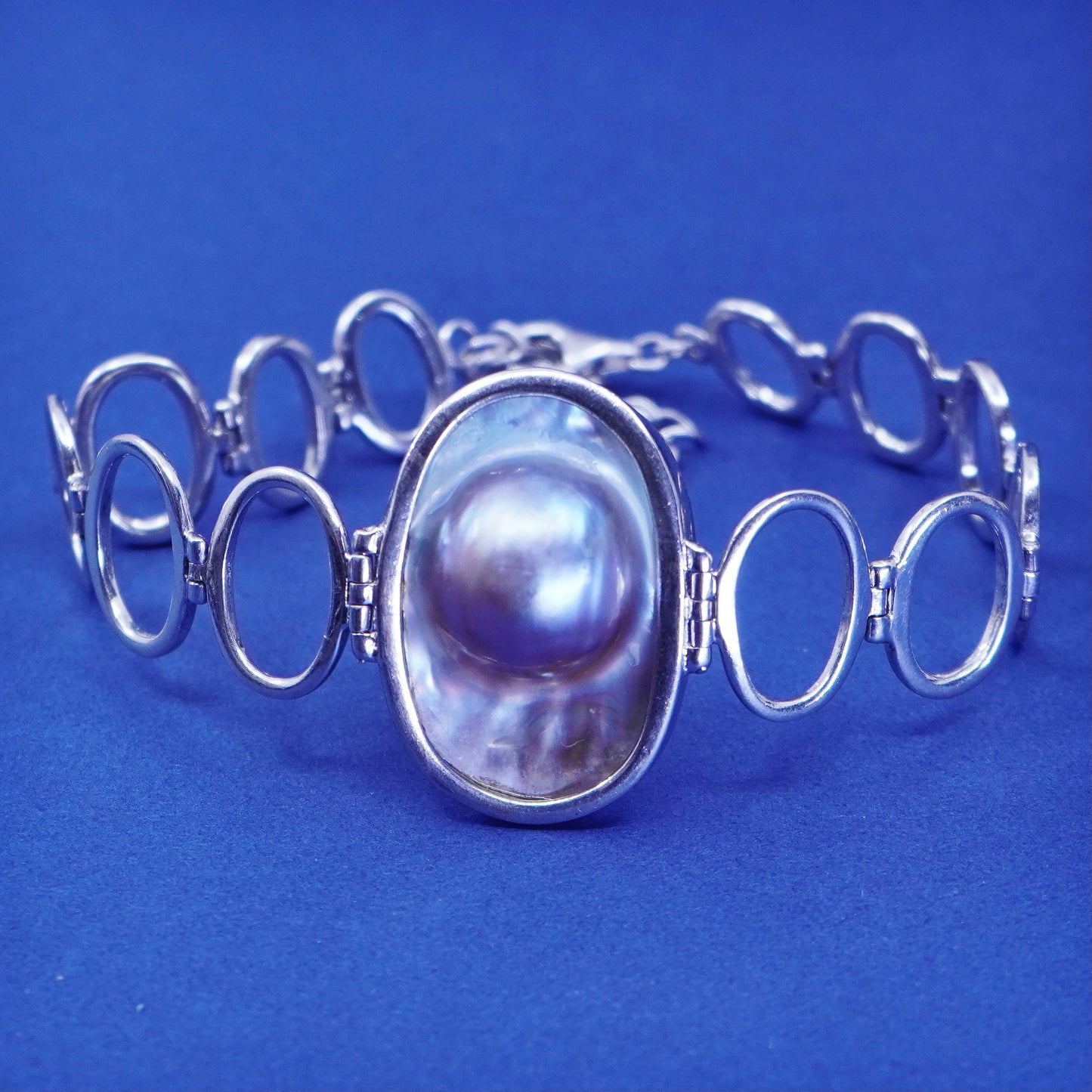7.25+2”, vintage LUC Sterling silver handmade circle bracelet with blaster pearl