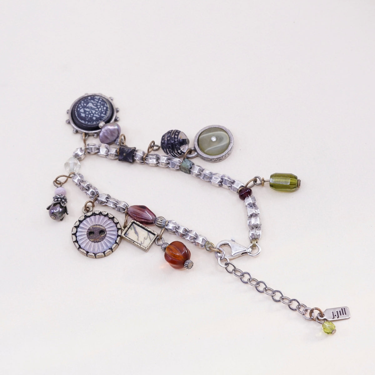 6.5+2”, vtg sterling 925 silver bead handmade bracelet w/ amber brass charms
