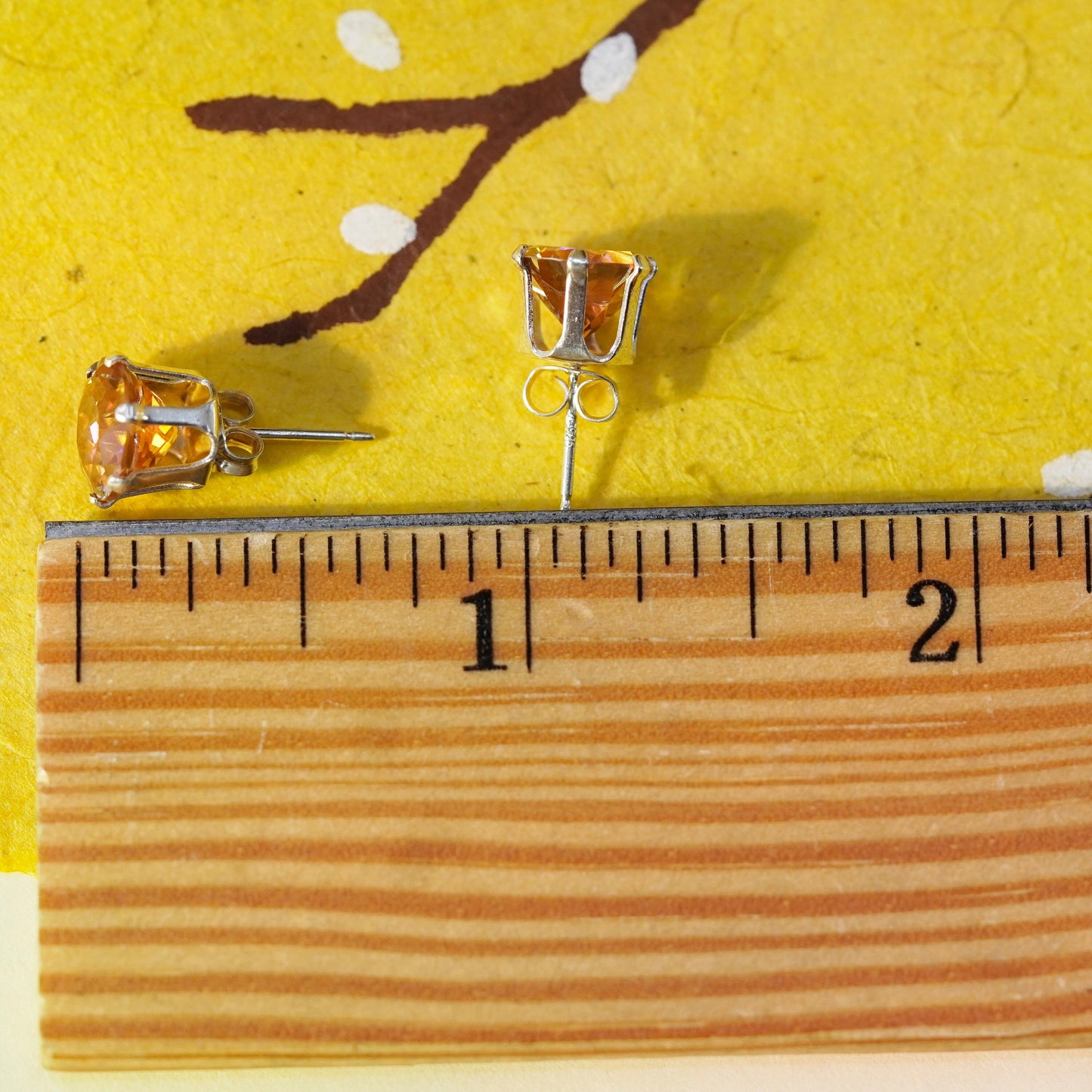 9mm, Vintage Sterling silver handmade earrings, 925 studs with citrine